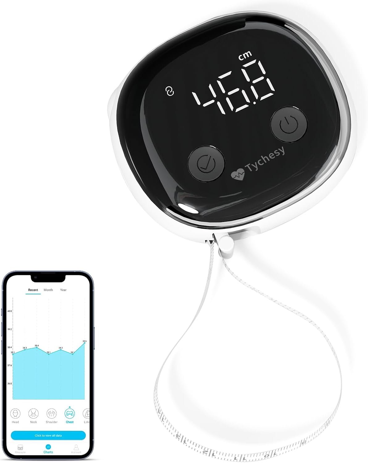 Smart Body Tape Measure, Bluetooth Digital Body Measuring Tape with APP for Body Measurement Device, Clear LED Display, USB-C Rechargeable