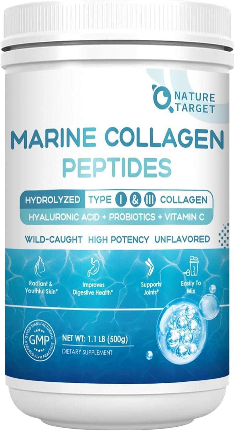 NATURE TARGET Marine Collagen Powder for Women – Multi Collagen Peptides with Hyaluronic Acid & Vitamin C for Hair, Skin, Nails & Joints – Wild-Caught Fish & Grass-Fed Bovine, 50 Servings