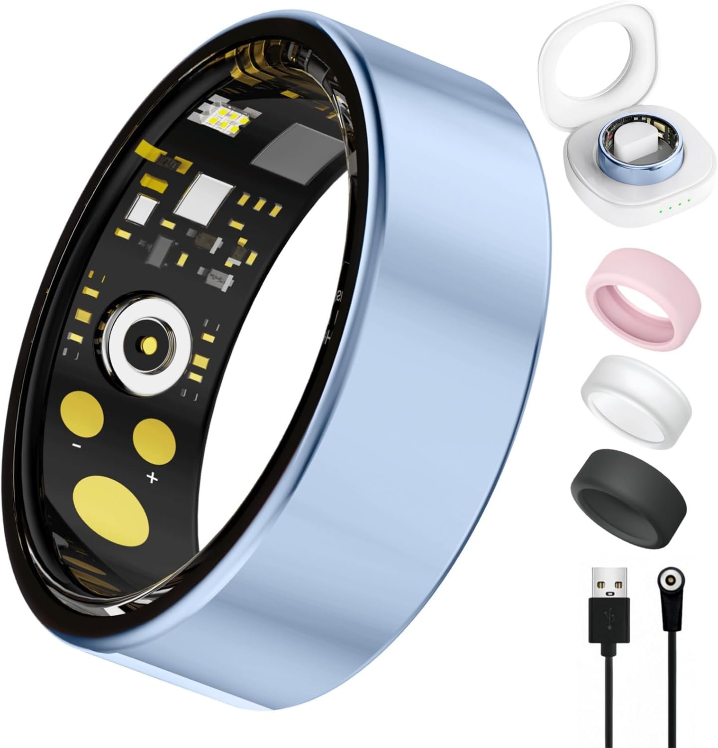 Smart Ring for Women Men, Health Tracker with Heart Rate/Blood Oxygen/Blood Pressure/Sleep Monitoring/Step Counting, IP68 Waterproof Fitness Ring, No App Fees for iPhone & Android (Blue, 7#)