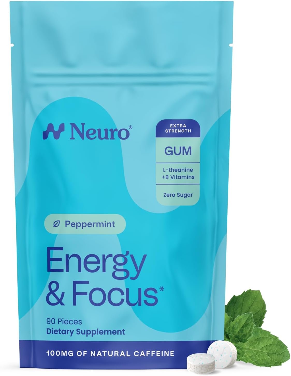 Neuro Energy & Focus Gum, Extra Strength – 100mg Natural Caffeine Gum & Nootropic Energy Supplement with L-Theanine & B Vitamins – Sugar Free, Vegan – Peppermint, 90ct