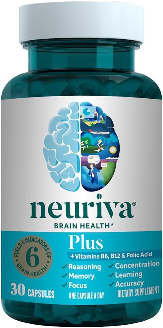 NEURIVA Plus Brain Supplements for Memory and Focus, Clinically Tested Nootropics Neurofactor and Phosphatidylserine, with Vitamin B12, Vitamin B6 and Folic Acid, 30 Count Capsules