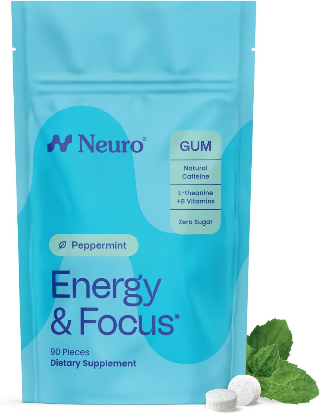 Neuro Energy & Focus Gum – Caffeine Gum with 40mg Natural Caffeine & L-Theanine – Nootropic Energy Supplement with B Vitamins – Sugar Free, Vegan – Peppermint, 90ct