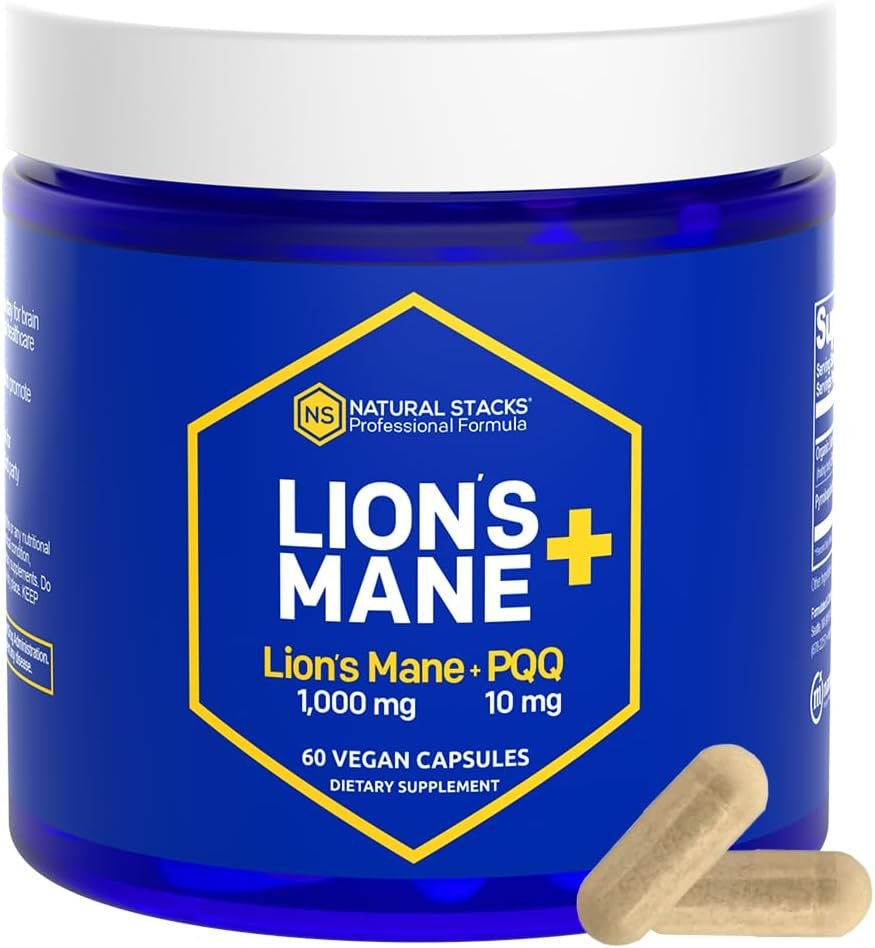 NATURAL STACKS Organic Lions Mane Supplement Capsules – 1000mg Lions Mane Mushroom with 10mg PQQ – Brain Cell Optimizer for Learning & Mitochondrial Function – 60 Fruiting Body Mushroom Capsules