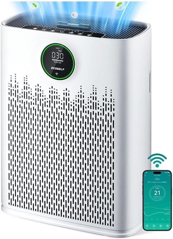 ECOSELF Smart Air Purifier for Home Large Rooms, with WiFi Control, Covers Up to 2400 Ft², Smart Mode, AQI Display, HAP603WF, White