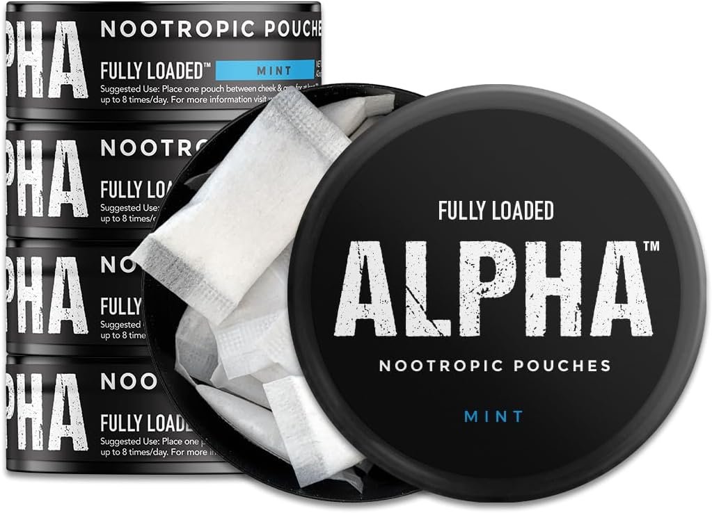 Fully Loaded Alpha Nootropic Pouches (Mint) – 5 Cans – 15 Pouches per can – Effective Nootropic Delivery, Nic Pouch Replacement – Faster Absorption, Alpha GPC, L-Tyrosine, GABA