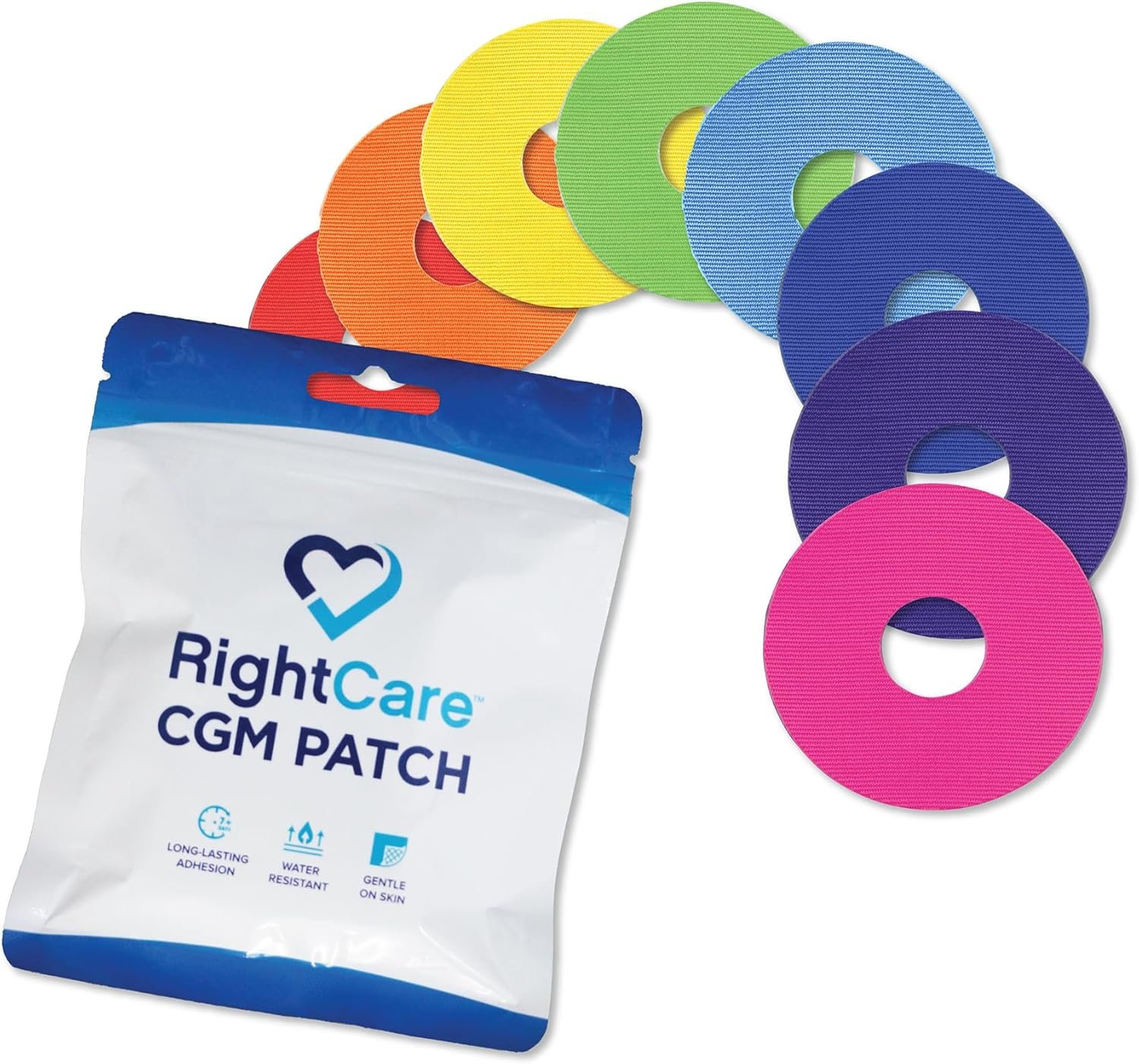 RightCare CGM Adhesive Patches Pre-Cut for Freestyle Libre 2 & 3, and Lingo, Waterproof Adhesive Medical Tape, Uncovered Circle Protective Patches, Multicolor Assortment, Bag of 25