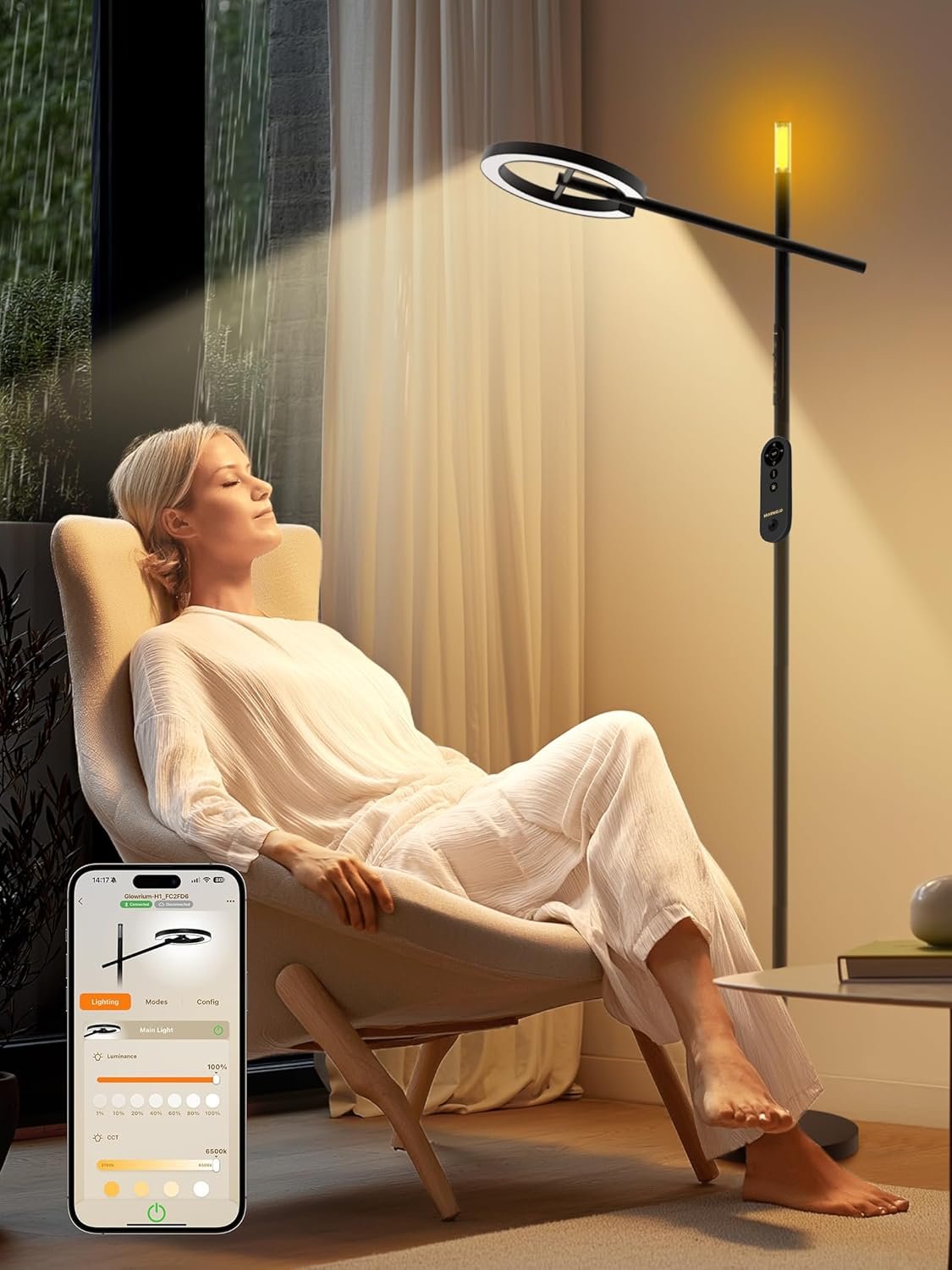 GLOWRIUM Smart Light Therapy Lamp, 10000 Lux UV-Free Sun Lamp, 2700-6500K Floor Lamp Therapy Light, Stepless Dimmable Energy Sunlight with App & Remote, Timer, Cozy Light Settings for Winding Down