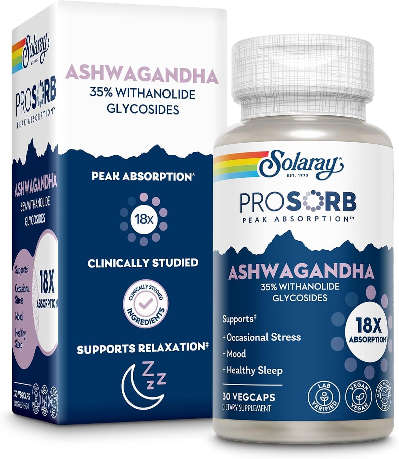 SOLARAY Ashwagandha Capsules 18X Absorption – Ashwagandha Root and Leaf Extract 240 mg – Occasional Stress Relief and Mood Support Supplement – Vegan, 60-Day Guarantee – 30 Servings, 30 VegCaps