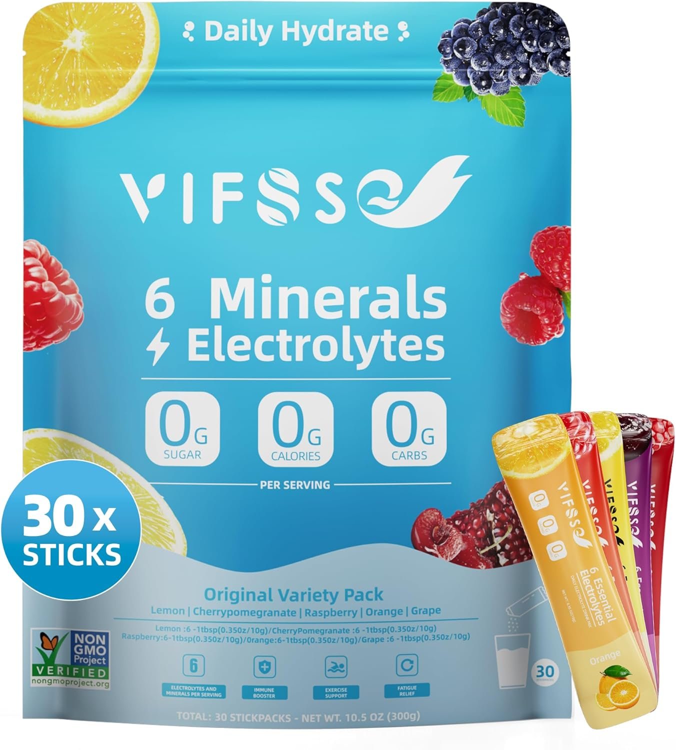 Electrolyte Powder Drink Mix – Rapid Hydration with 6 Minerals & Electrolytes, 30 Sticks, Sugar-Free Variety Packs of Lemon, Raspberry, Cherrypomegranate,Orange, Grape, for Workout & Energy Recovery