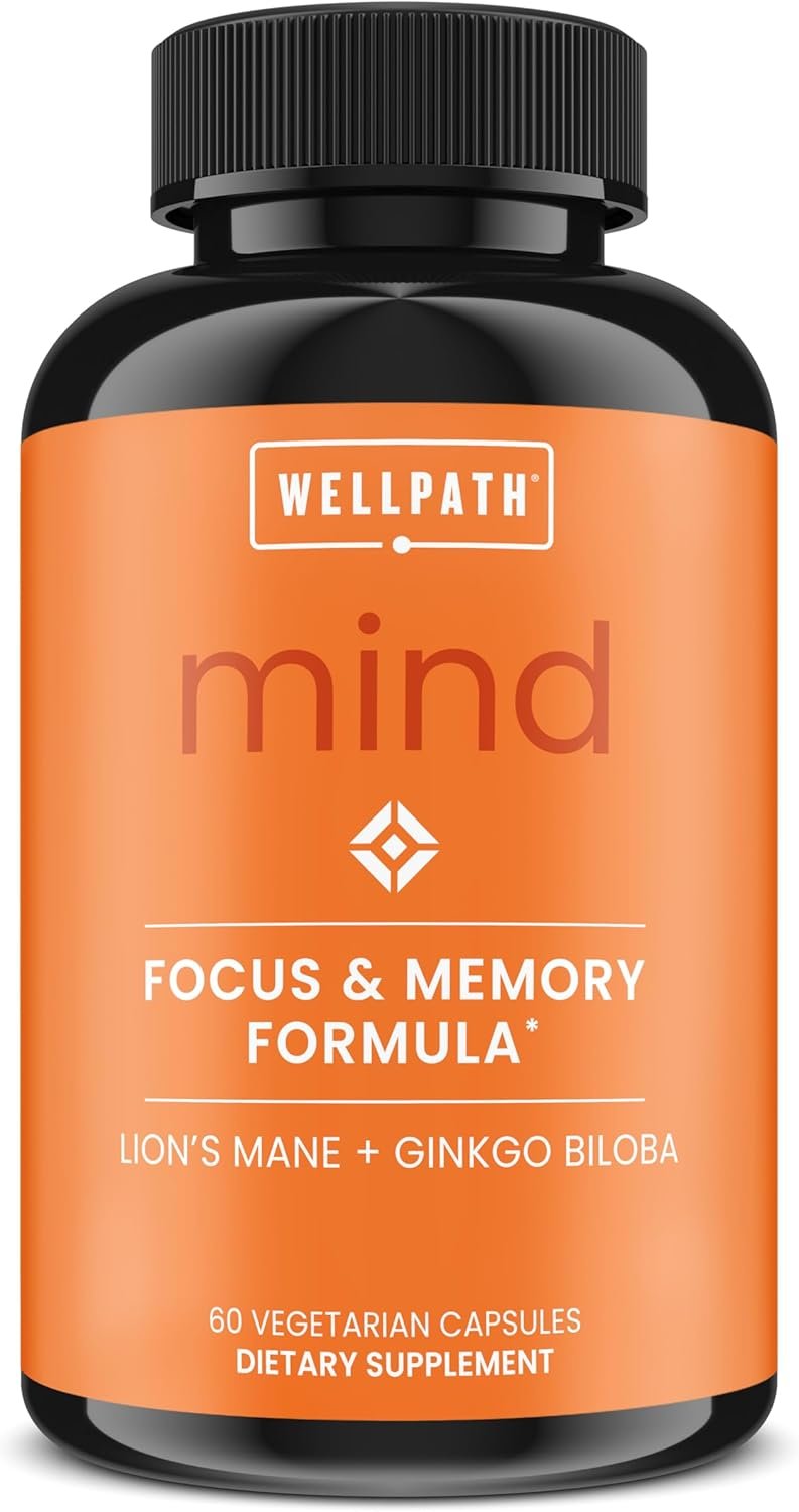WellPath Mind Brain Supplement for Memory and Focus with Lion’s Mane | Ginkgo Biloba and L-Theanine for Long Term Cognitive Support | Vegan, Non-GMO, 60 Ct
