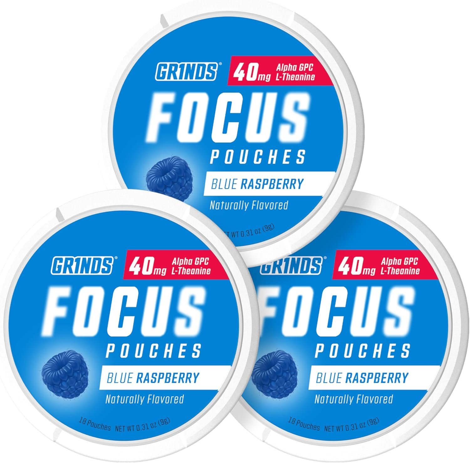 GRINDS Focus Pouches – Naturally Flavored with Nootropic Ingredients – Contains Alpha GPC and L-Theanine, Sugar-Free – 3 Pack, 18 Pouches Per Can – Blue Raspberry