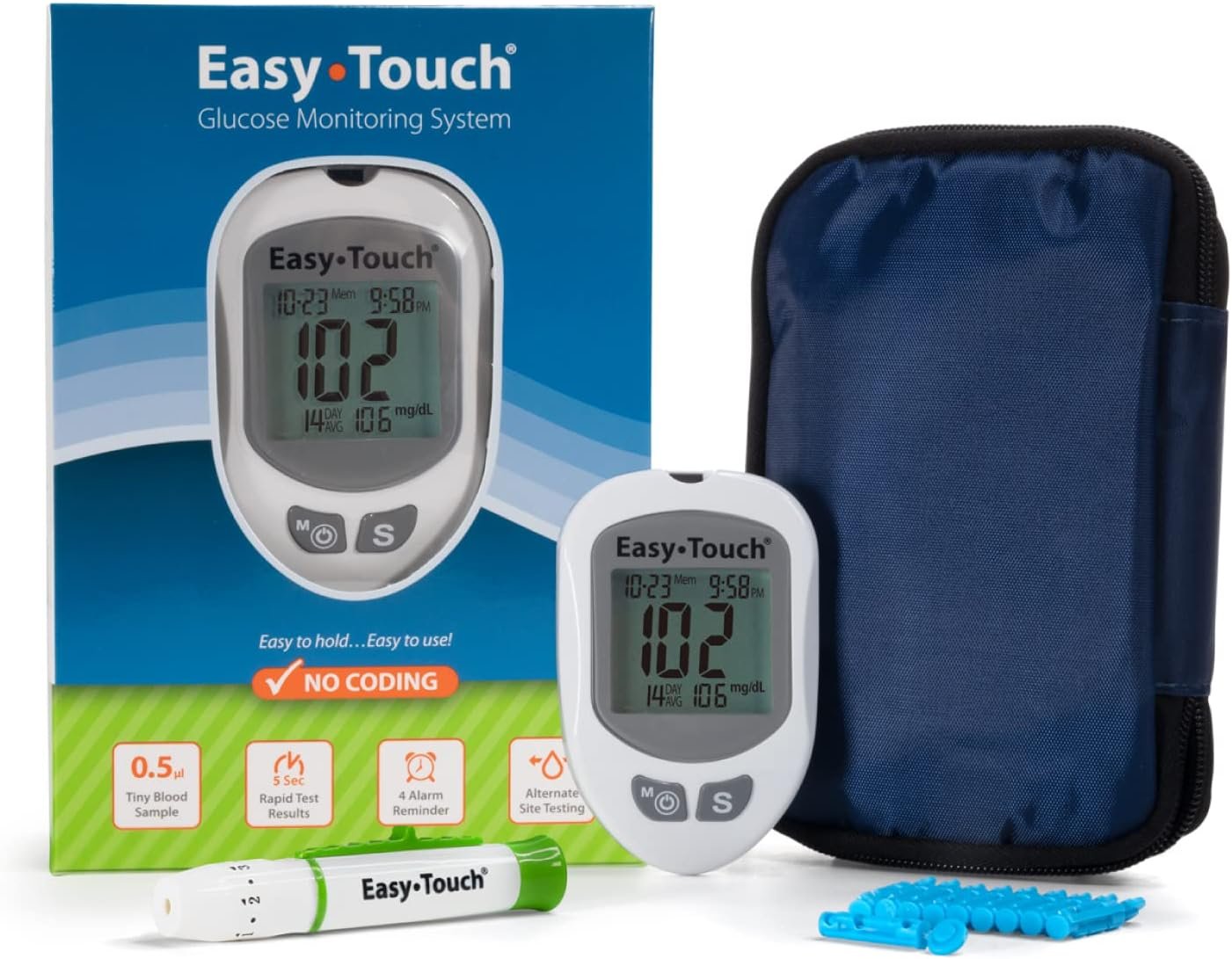 EasyTouch Blood Glucose Monitoring System – Fast, Accurate, Easy-to-Use Meter for Daily Testing, Includes Meter, Lancing Device & 10 Lancets (Test Strips Sold Separately)