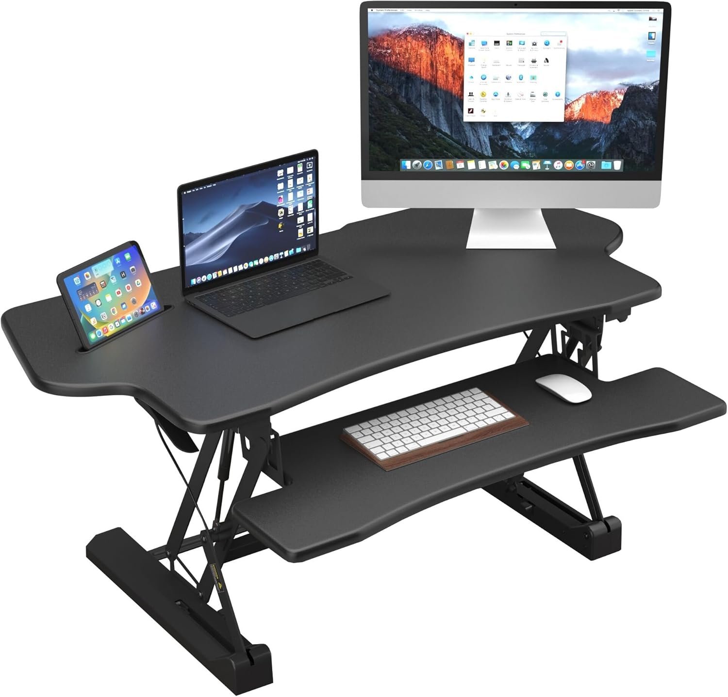 Mount-It! Standing Desk Converter, 48″ Wide Sit Stand Desk Riser with Dual Gas Spring Handles, Height Adjustable from 6″–19.25″, Extra Large Tabletop for 2 Monitors, Keyboard Tray & Device Slot, Black