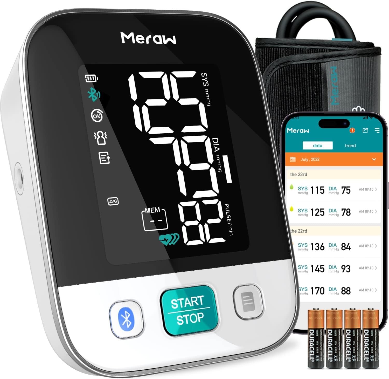 Meraw Blood Pressure Monitor Home Use, Blood Pressure Cuff Digital Arm, Blood Pressure Monitor Automatic Cuff 8.7-16.5″ Bluetooth App Tracking Irregular Heartbeat Monitoring FSA/HSA Eligible White