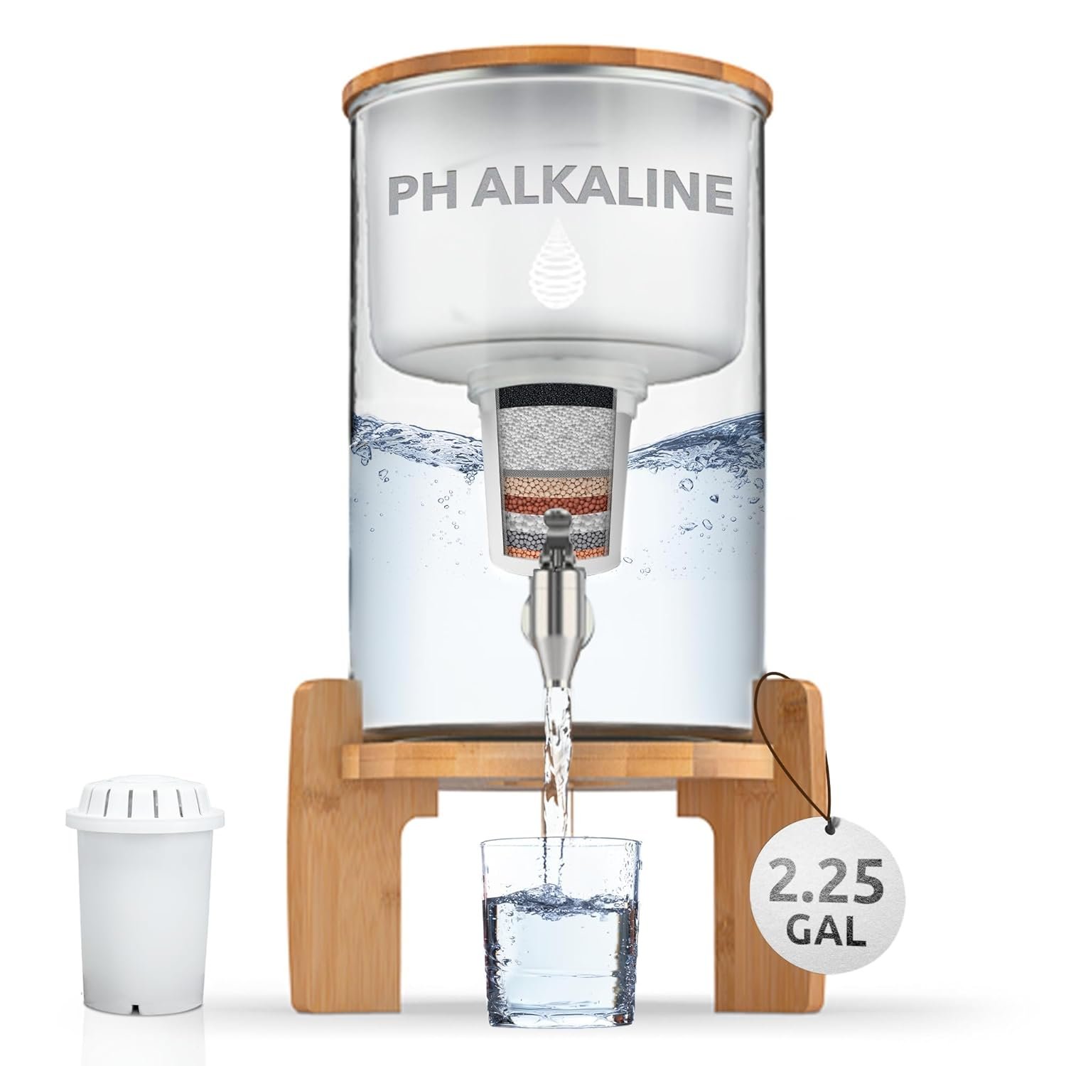 Invigorated Water pH Recharge Glass Alkaline Water Dispenser Filter System – Countertop Purifier Pitcher for Home and Office – High pH Pure Drinking Water Filtration – 36 Cups (Bamboo Classic Set)