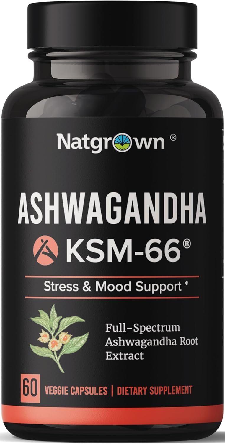 Natgrown Ashwagandha KSM 66 Supplement 600 mg – Stress, Mood, & Athletic Support – Organic KSM66 Root Extract with 5% Withanolides – Vegan Capsules – 60 Count