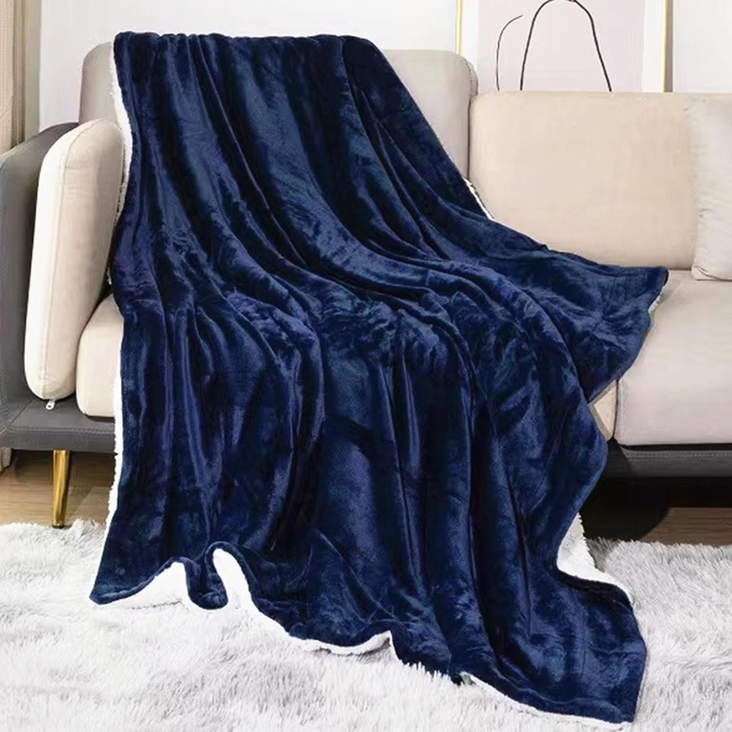 Amradield 61″x53″ Large Faraday Blanket for Protection Pregnant Blocking Emf WiFi 5G Bluetooth White Berber Fleece and Navy Blue Flannel with Faraday Fabric, Two Sides Using for Beds Couches Travel