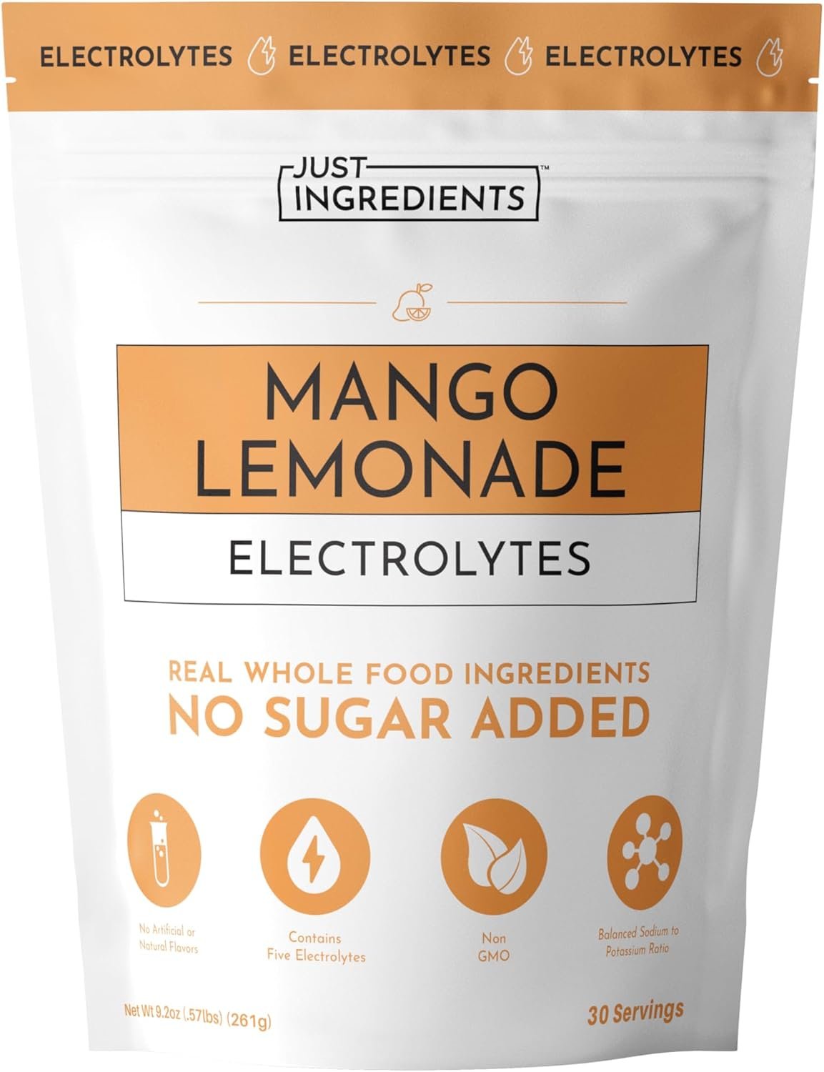 JUST INGREDIENTS Mango Lemonade Electrolyte Drink Mix – Coconut Water, Sea Salt, Trace Minerals – 30 Servings