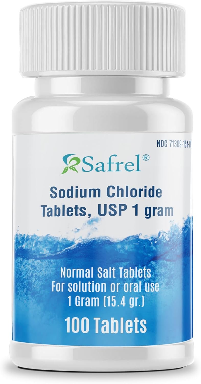 Safrel Sodium Chloride Tablets 1 gm, USP | Normal Salt Tablets | (15.4gr.) | Electrolytes Replenisher Hydration Drink (100 Count (Pack of 1), 100, Count)