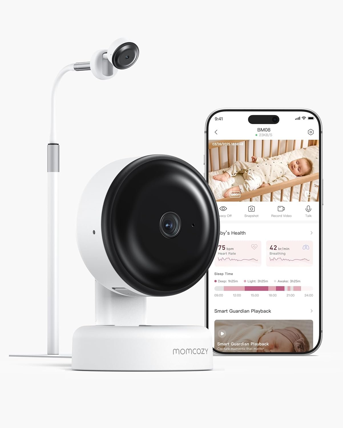 Momcozy BM08 Baby Monitor, Contact-Free Vitals Monitoring, 2K HD Night Vision, Smart AI-Powered Safety Detection, Cry/Sound/Motion Notifications, Sleep Report, 2.4/5GHz Wi-Fi Connection, 2-Way Audio