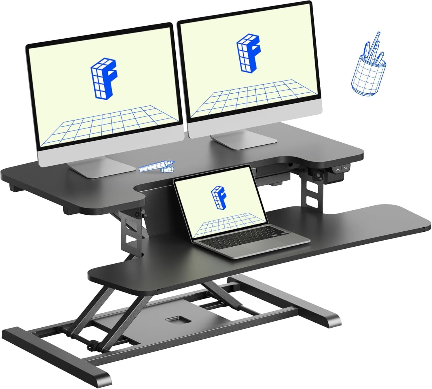 FLEXISPOT 32″ Motorized Standing Desk Converter, Electric Stand up Desk Riser, Sit to Stand Dual Monitor and Laptop Workstation with Wide Keyboard Tray, Black