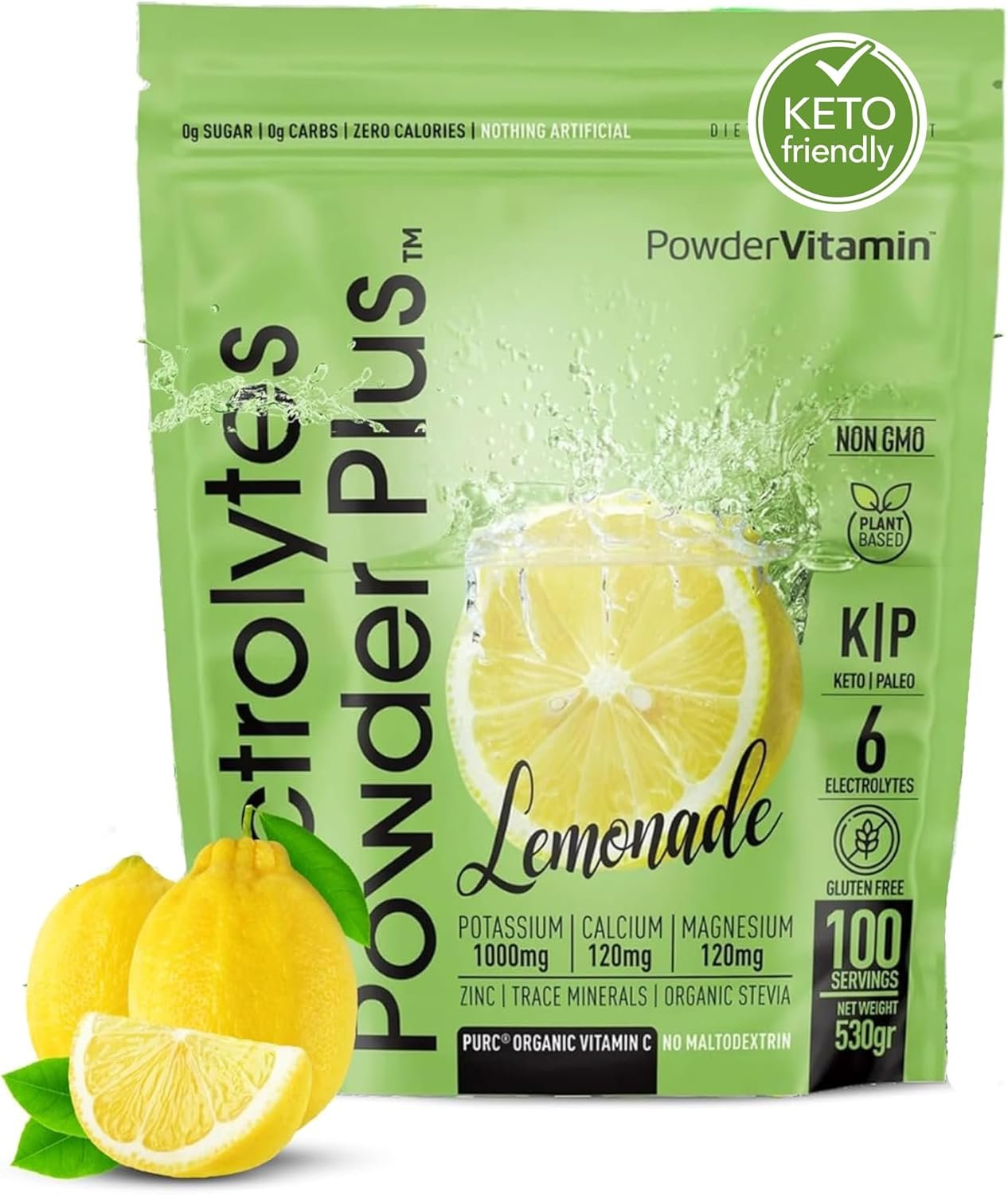PowderVitamin Electrolytes Powder Plus Keto, Lemonade (100 Servings) 0 Sugar, No Maltodextrin,1000mg Potassium,120mg Calcium,120mg Magnesium,Organic Vitamin C,Zero Calories, Energy Hydration Powder