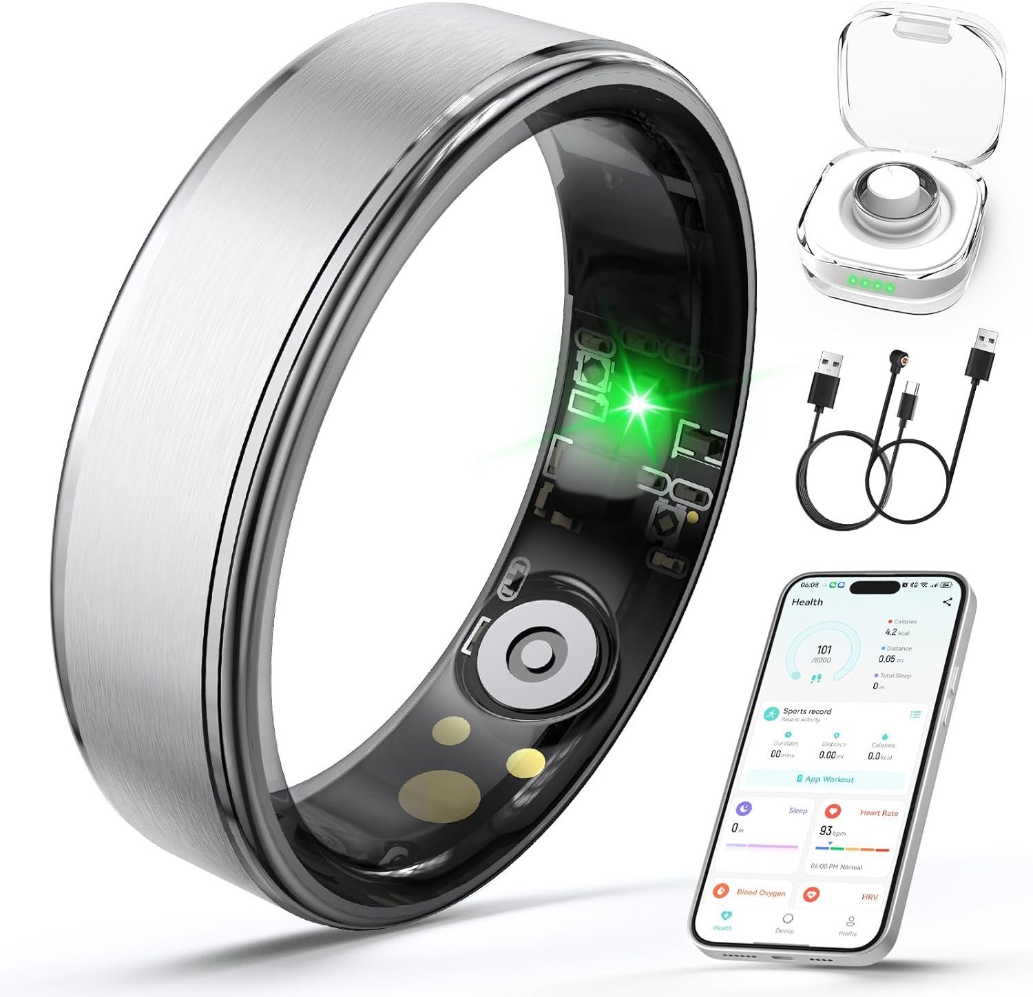 Smart Ring for Women Men, Health Fitness Tracker Ring with Heart Rate/Sleep Tracker/Blood Oxygen/HRV/Stress/Calorie/Steps, IP68 Waterproof for iOS & Android, No APP Fees(Silver,8#)