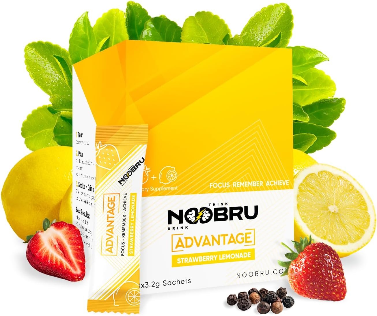 Noobru Аdvantage Nootropic – Delicious Nootropics Brain Supplement with 11 Active Ingredients – Natural Cognitive Enhancer – 20 Strawberry Lemonade Sachets – 1 Month Supply, 20 Count (Pack of 1)
