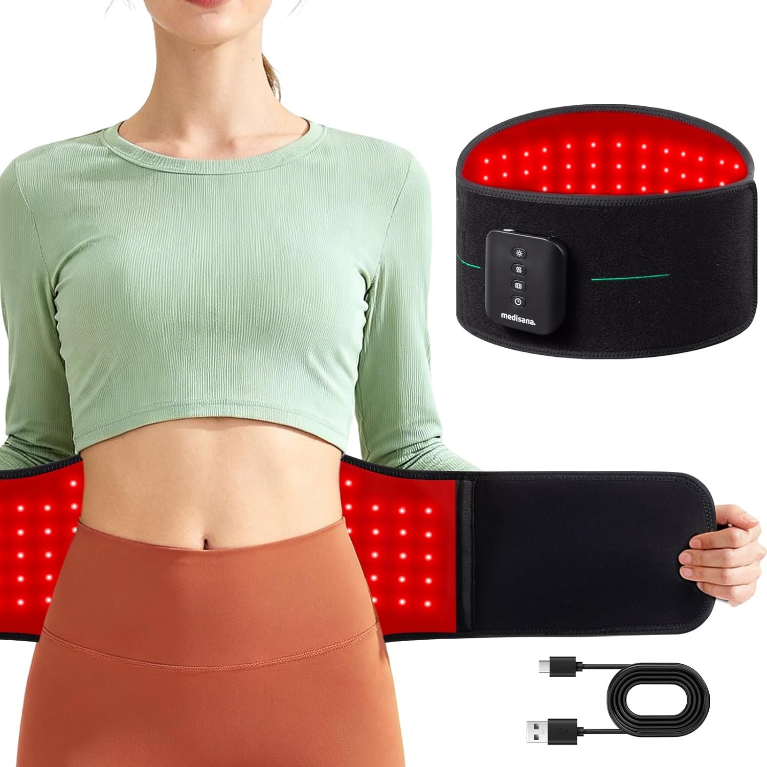Medisana 3-in-1 Red Light Therapy Belt, Cordless & Portable Infrared Red Light Relief Belt for Body with Red Light/Pulse/Heat/Vibration – 660nm/850nm (LED Light – Non-Laser) for Back Pain