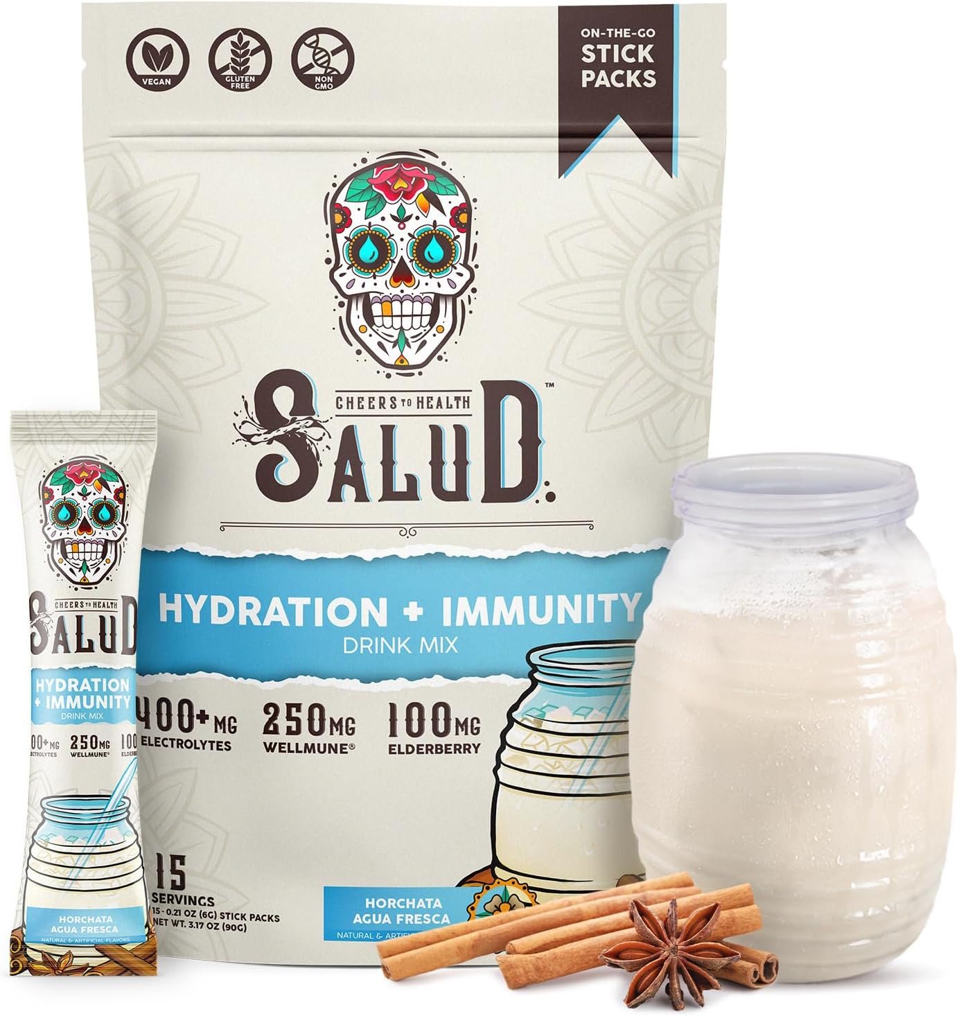 Salud 2-in-1 Hydration Packets + Immunity Electrolytes Powder, Horchata – Agua Fresca Drink Mix, Elderberry, Dairy & Soy Free, Non-GMO, Gluten Free, Vegan, Low Calorie, 1g Sugar (15 Servings)