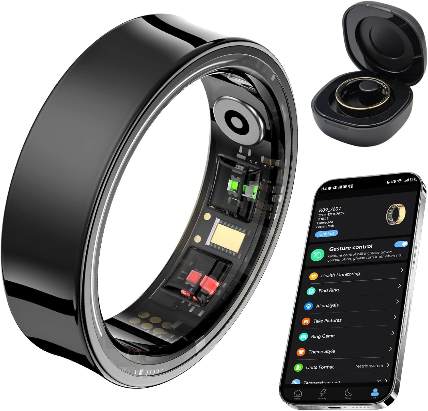 Smart Ring for Women Men, Fitness Tracker Ring with Body Temperature, Sleep Monitor, Blood Oxygen, Heart Rate, Calories, No Subscription Fee, IP68 Waterproof for iPhone & Android(Black, #7)