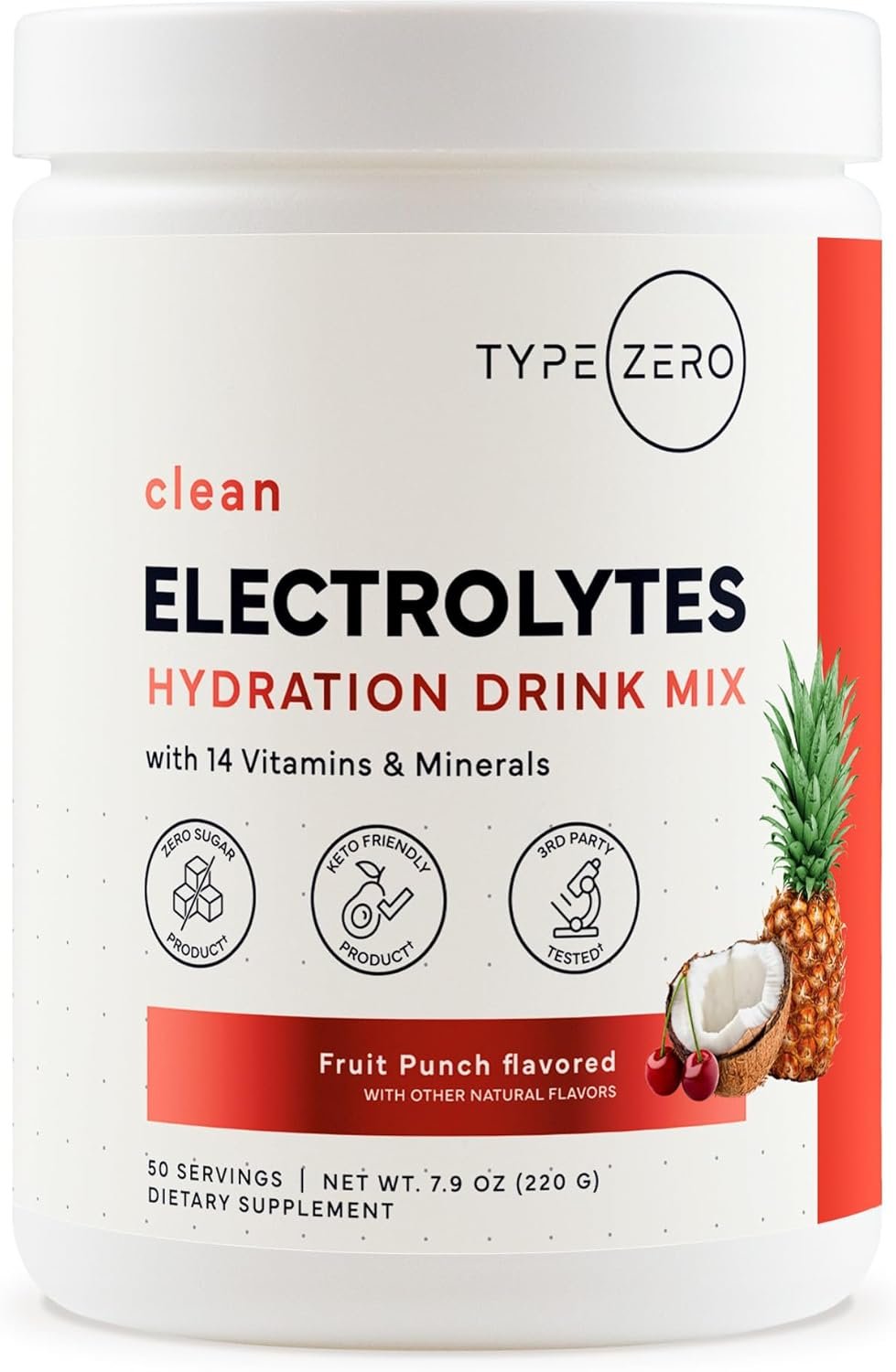 Type Zero Clean Electrolytes Hydration Powder Drink Mix + 14 Essential Vitamins & Minerals – Sugar Free, Zero Artificial Ingredients – Fruit Punch, 50 Servings