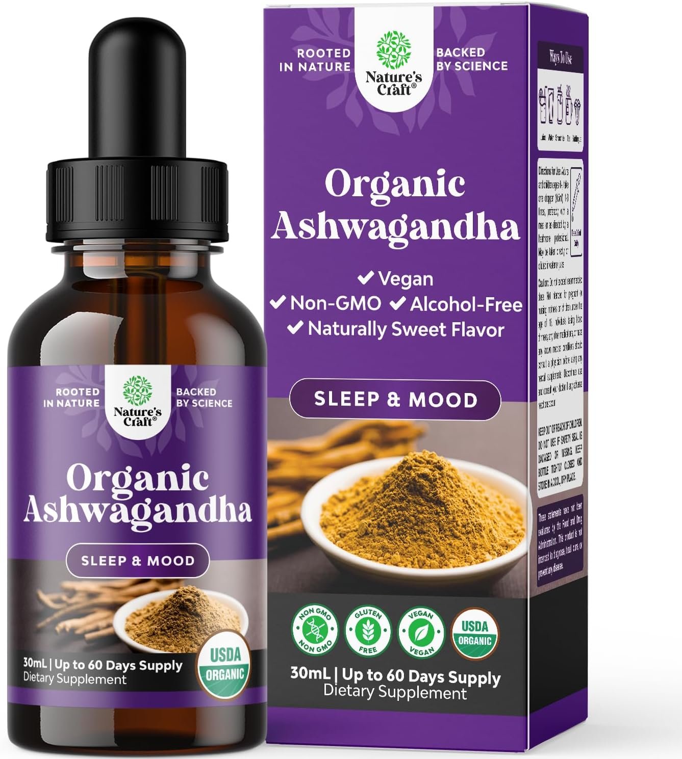 USDA Organic Ashwagandha Liquid Drops – Ashwagandha Root Extract for Stress and Mood Support – Delicious Pure Adaptogen Drops for Adults – Alcohol-Free Herbal Tinctures for Rest – 1 Fl Oz