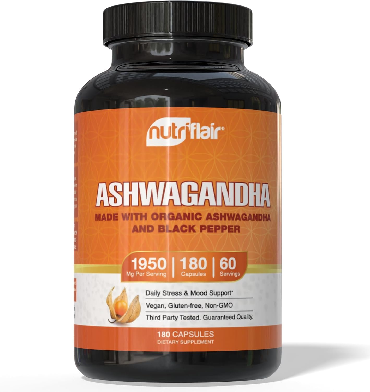 NutriFlair Organic Ashwagandha Root Extract – with Organic Black Pepper – Stress and Mood Support – Powerful Adaptogenic Benefits and Overall Health – Made in USA