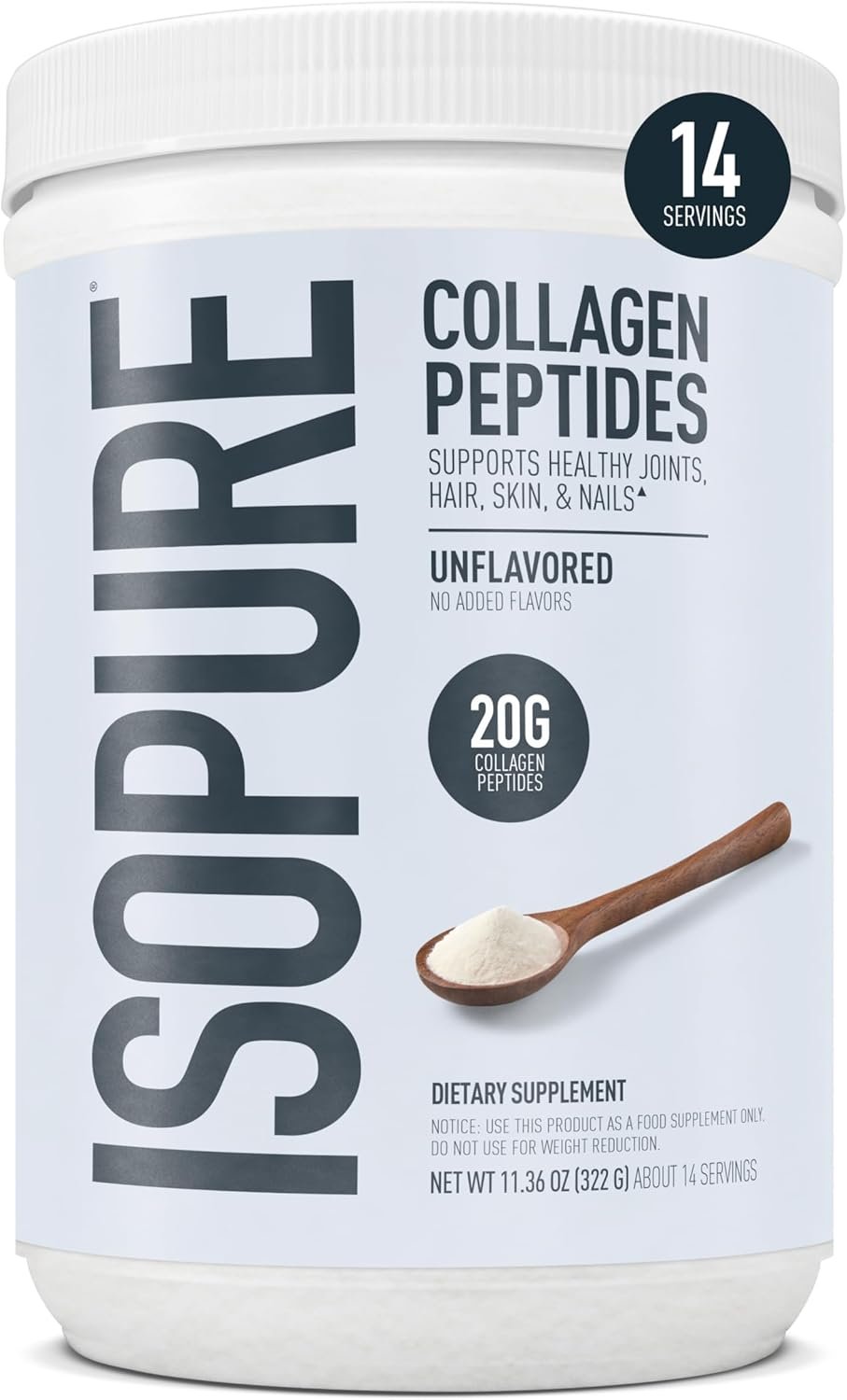 Isopure 20g Grass-Fed Collagen Peptides with Biotin + Vitamin C – Supports Skin, Hair, Nails & Joint Health – Unflavored, Keto Friendly Collagen Powder, 14 Servings