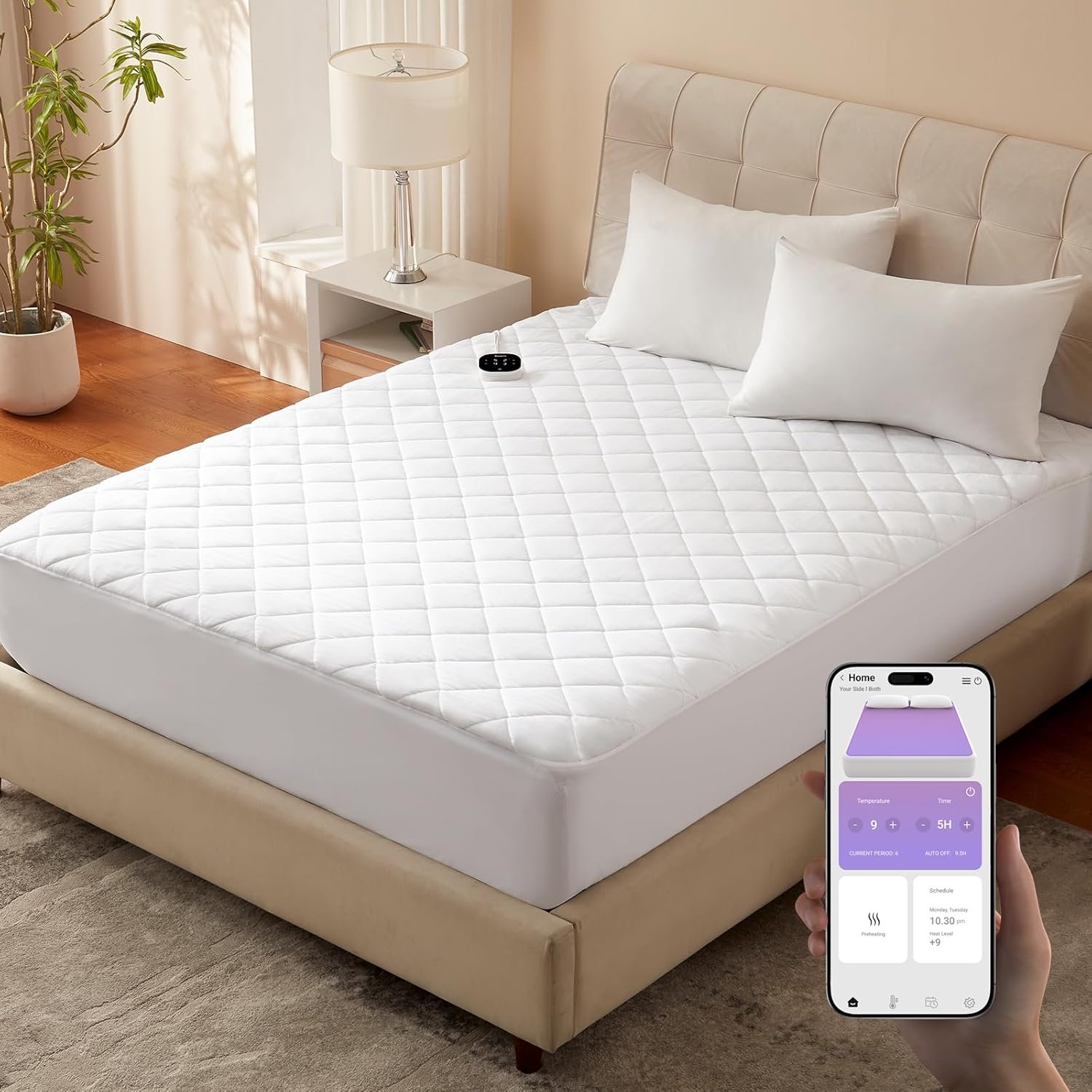 Bwarm WiFi Heated Mattress Pad King Size, Bed Warmer with 9 Heat Settings, 1-12 Hours Auto Off Deep Pocket, Machine Washable, Diamond Quilted White King 78″ x 80″