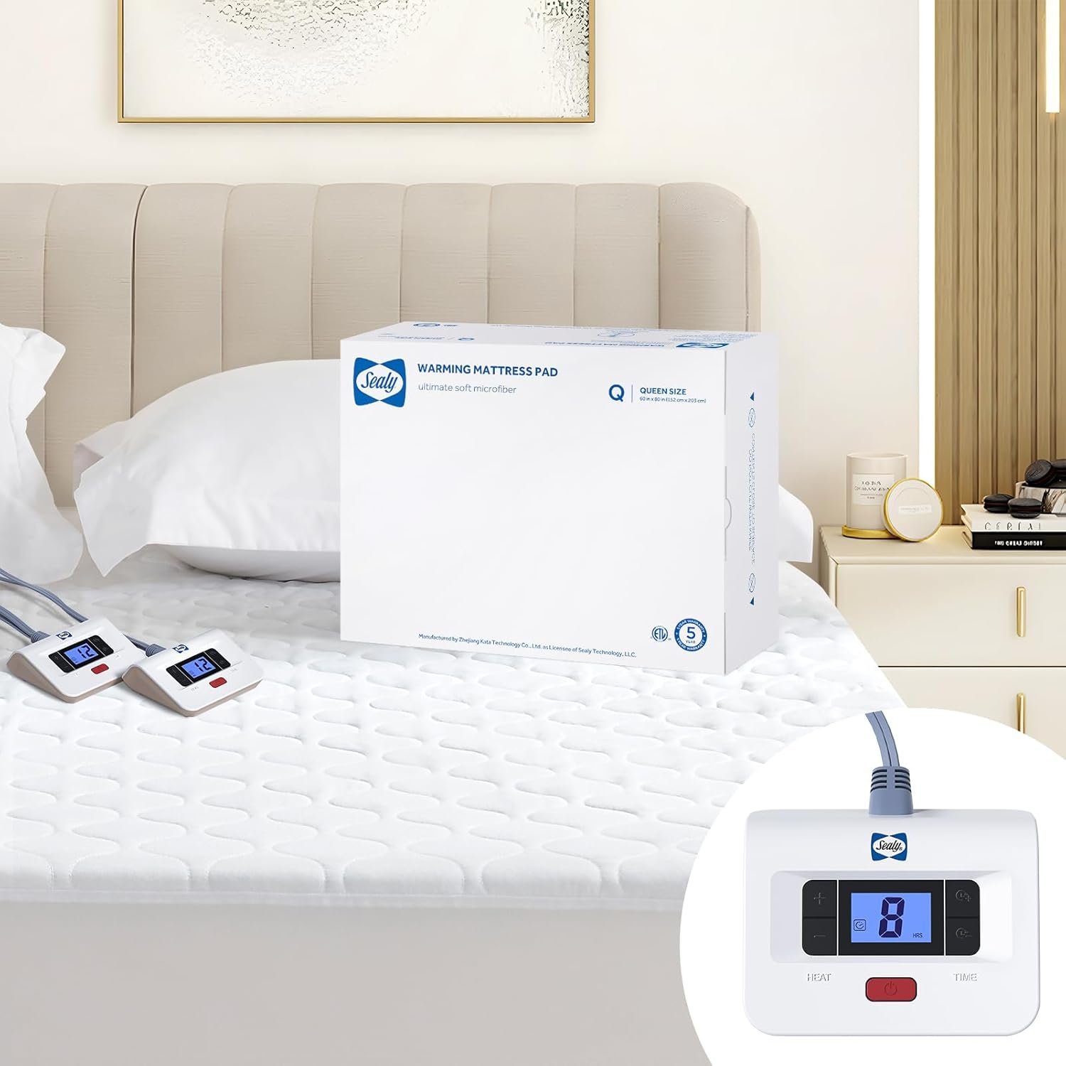 Sealy Heated Mattress Pad Queen Size, Luxury Quilted Electric Bed Warmer with Dual Controller 10 Heat Settings & Auto Off 1-12 Hours | Fit Up to 17″ Deep Pocket | ETL Certified | Machine Washable