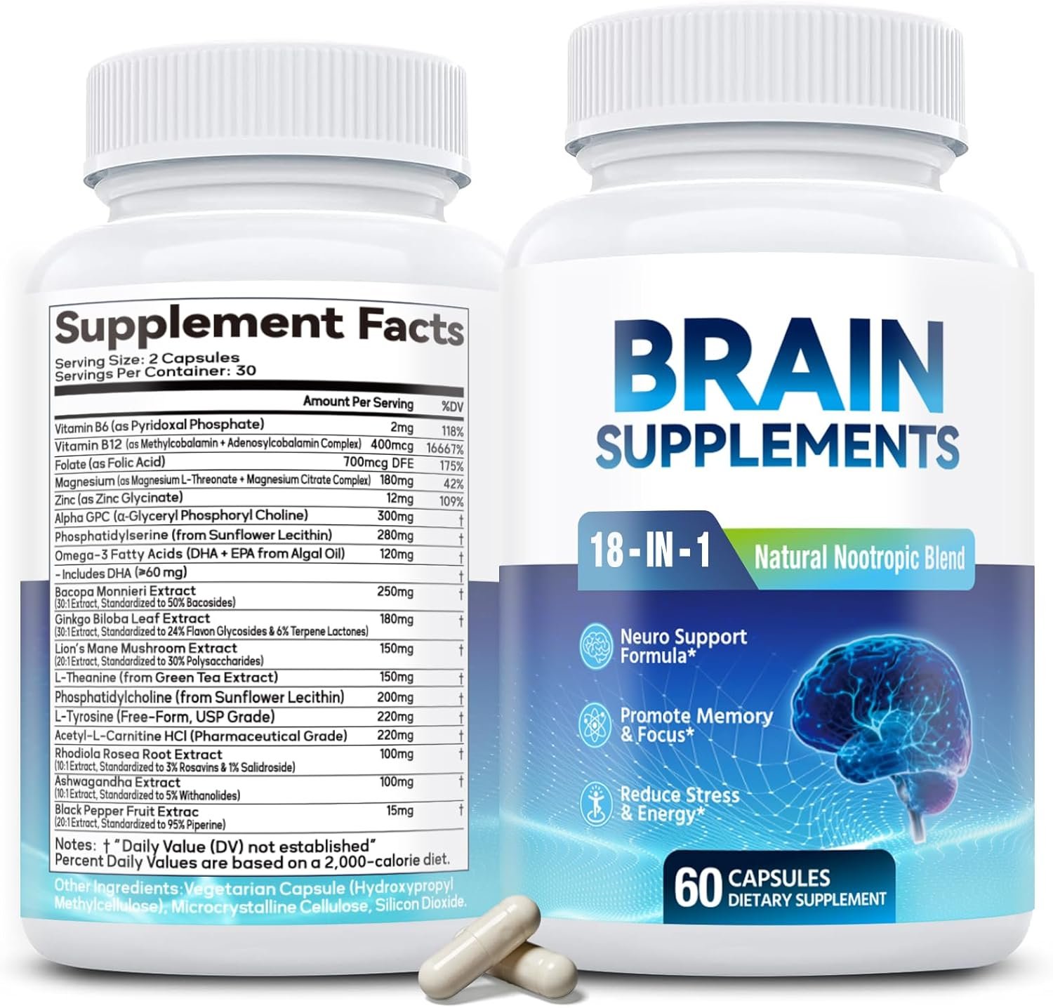 18-in-1 Brain Supplement for Memory and Focus – Nootropic Capsules with Alpha GPC, Bacopa, Ginkgo Biloba, Lion’s Mane, Vitamin B6 & B12 | Cognitive Health, Mental Clarity | Vegan, Non-GMO