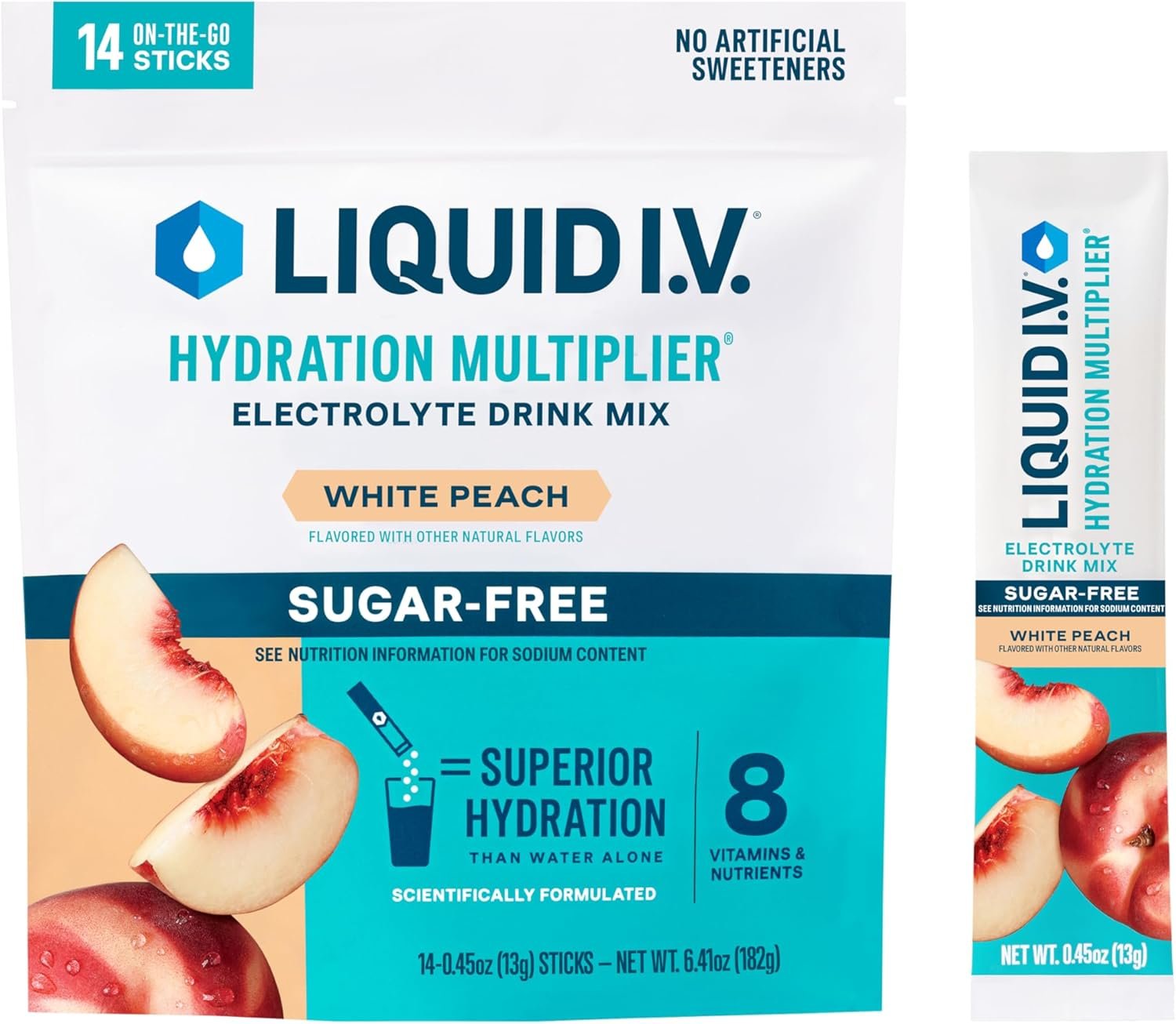 Liquid I.V.® Hydration Multiplier Sugar-Free – White Peach | Electrolyte Powder Drink Mix | 1 Pack (14 Servings)