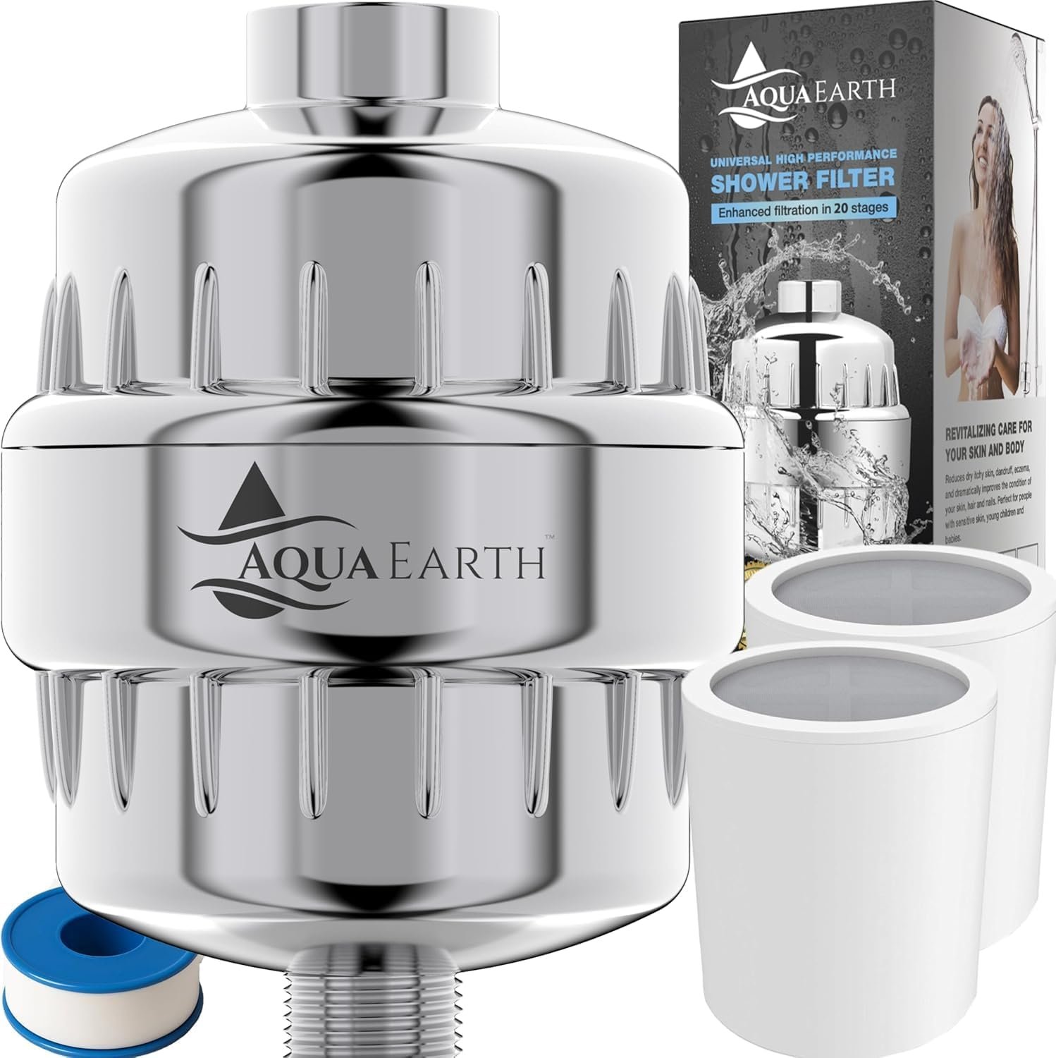Aqua Earth Shower Filter for Hard Water Remove Chlorine Fluoride Heavy Metals Vitamin C for Healthier Skin, Hair and Nails. 20 Filtration Stages