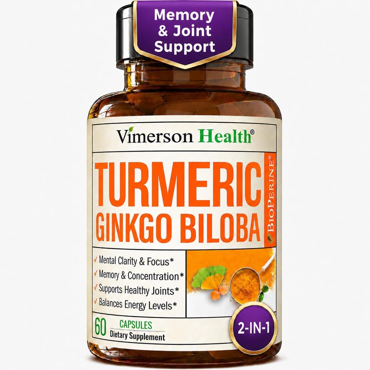 Ginko Biloba Capsules with Ginkgo Biloba 120mg & Organic Turmeric for Joint Support, Focus and Brain Health – Gingo Biloba Supplement with Black Pepper (Bioperine) for Max Absorption – 60 Count