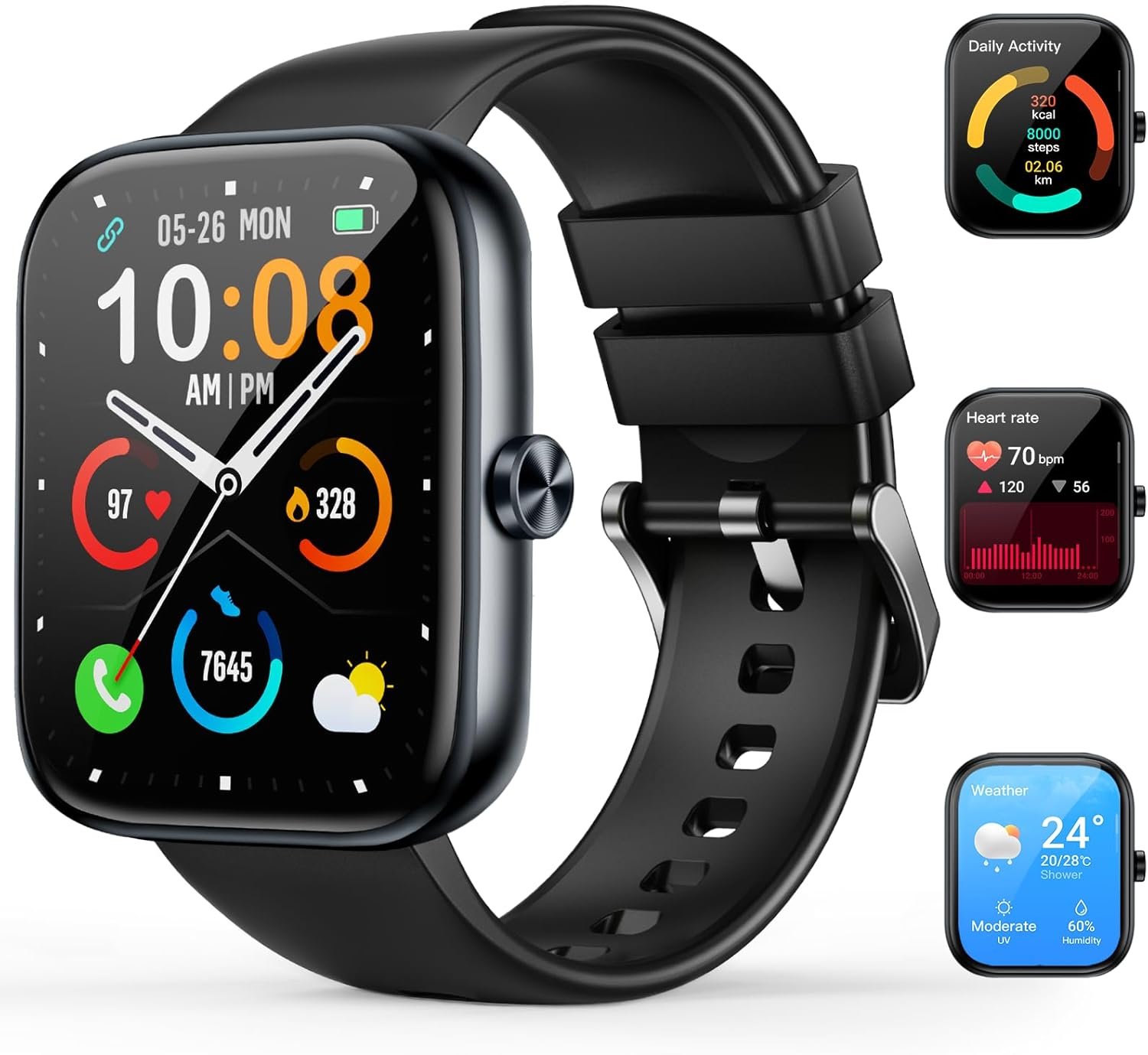 MFVLP Smart Watch for Men Women, 1.83″ HD Touchscreen Fitness Watch with Bluetooth Call&Message Notifications, 110+Sport Modes, 24/7 Heart Rate/Sleep Monitor, IP68 Waterproof Fitness Tracker, Black