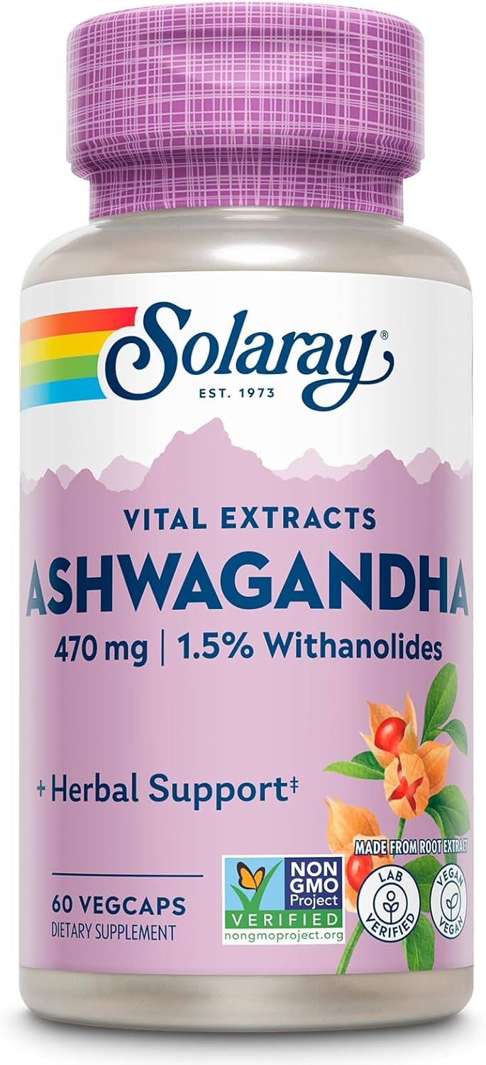 SOLARAY Vital Extracts Ashwagandha 470mg – Powerful Adaptogen – Ashwagandha Supplements w/ 7mg Withanolides, Wellness Support, Vegan, Non-GMO, Lab Verified, 60-Day Guarantee, 60 Servings, 60 VegCaps