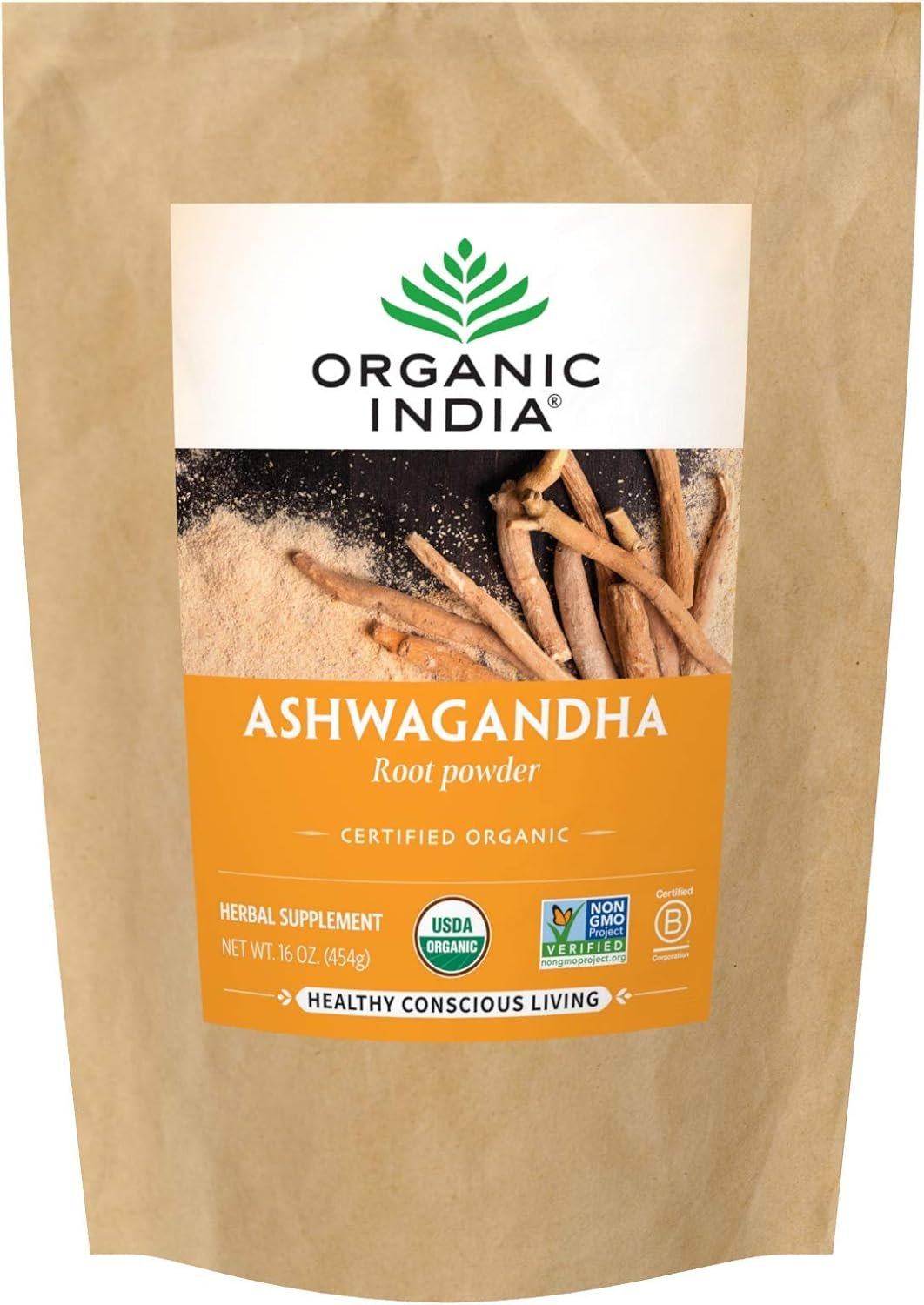 ORGANIC INDIA Ashwagandha Powder Organic – Ashwagandha Root Powder Bulk, Herbal Supplement – Vegan, Gluten-Free, Kosher, Non-GMO, Supports Stress Relief, Energy, and Sleep – 1lb Bag