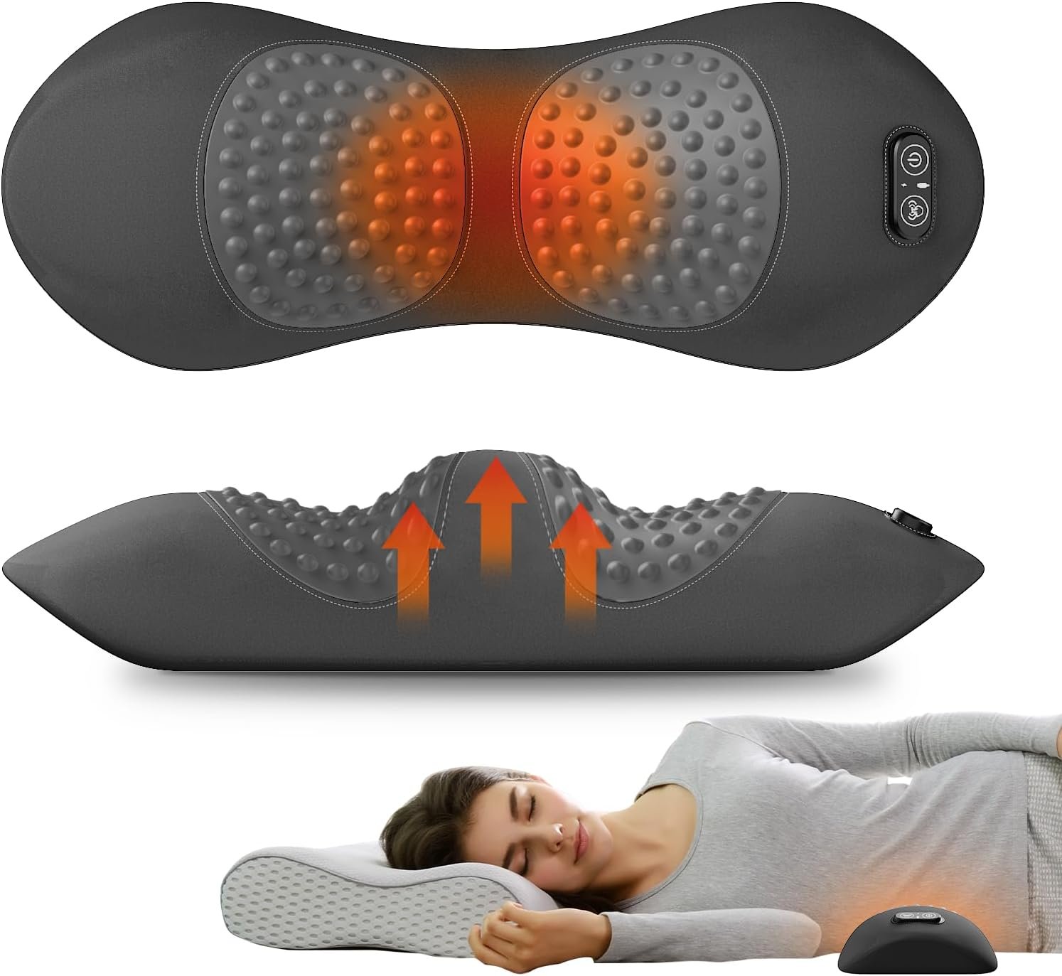 3-in-1 Electric Lumbar Support Pillow with Heat, Vibration and Traction, Triple Fusion Back Massager for Bed or Chair, Lumbar Support Cushion for Lower Back Comfort & Spine Support, Dark Gray