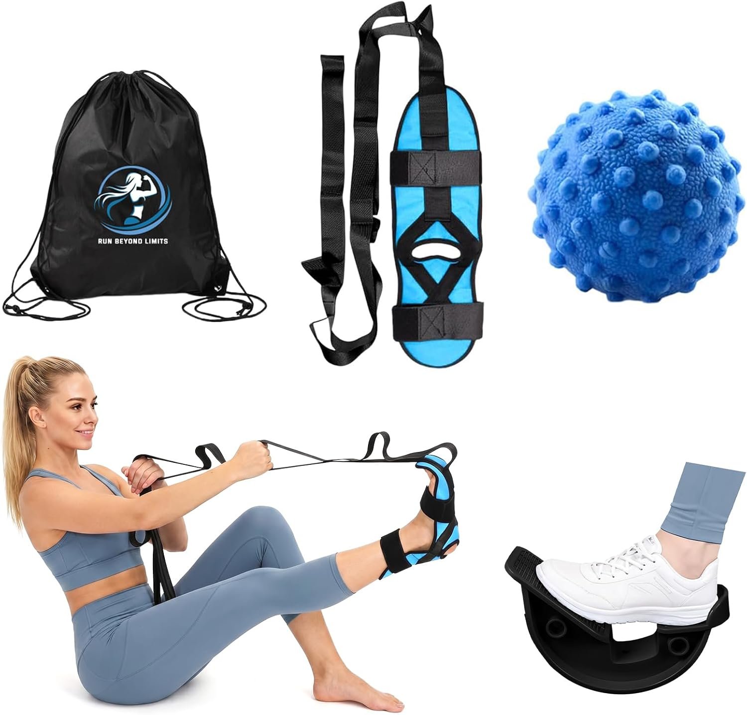 Foot and Calf Stretcher for Plantar Fasciitis Relief – Foot Rocker with Yoga Stretching Strap, Hamstring & Achilles Stretcher – Non-Slip Home Physical Therapy Equipment for Flexibility & Recovery