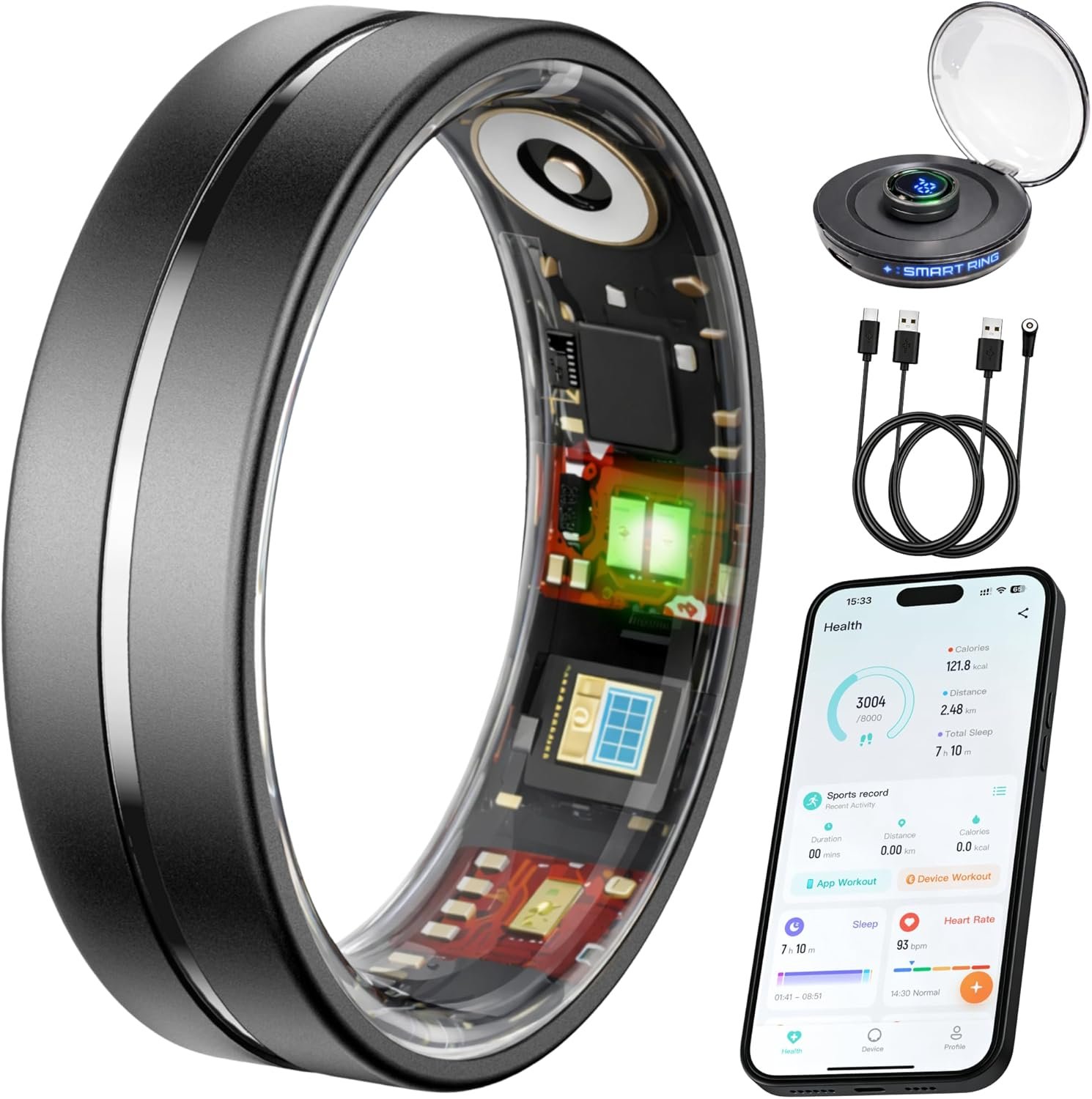 Smart Ring Health & Fitness Tracker for Men and Women, Sleep and Activity Tracking, HRV and Stress, Heart Rate and SPO₂, Women Health Support, 120+ Sports Modes (Matte Black, 12)