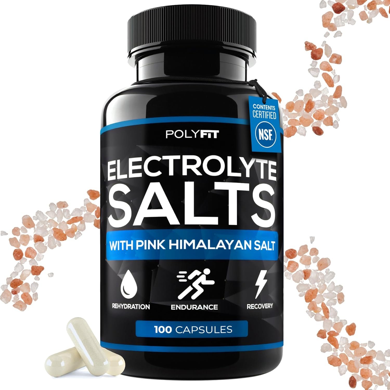 Polyfit Electrolyte Salts – 100 Salt Pills – NSF Certified – Electrolytes Replacement Salt Tablets for Runners – Supplement for Rapid Hydration, Recovery, and Endurance