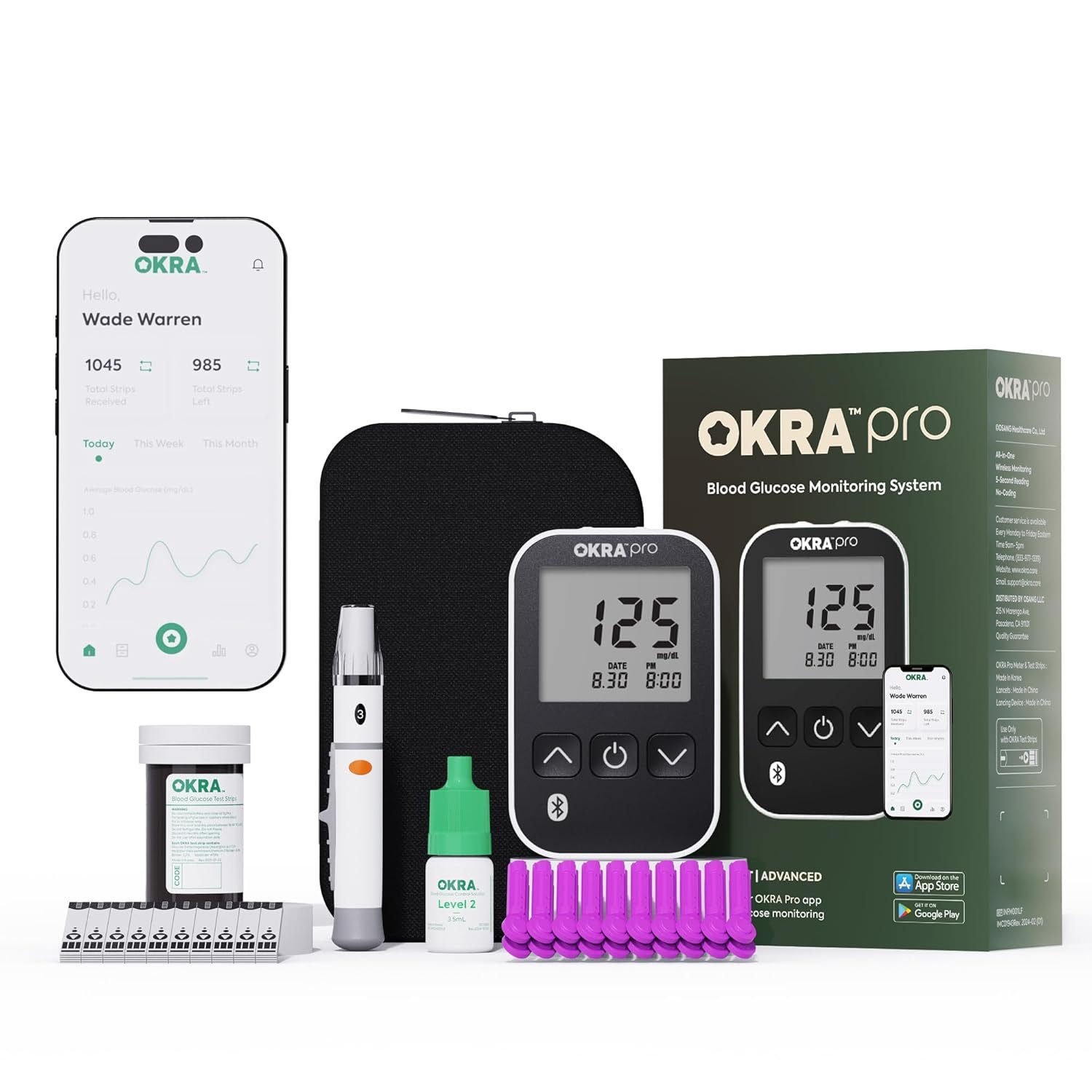OKRA PRO Blood Glucose Monitor Kit – 5s Fast Blood Sugar Test, Diabetes Testing Kit, Glucose Meter No Coding, 25 Test Strips & Lancets, App Tracking for Home Use
