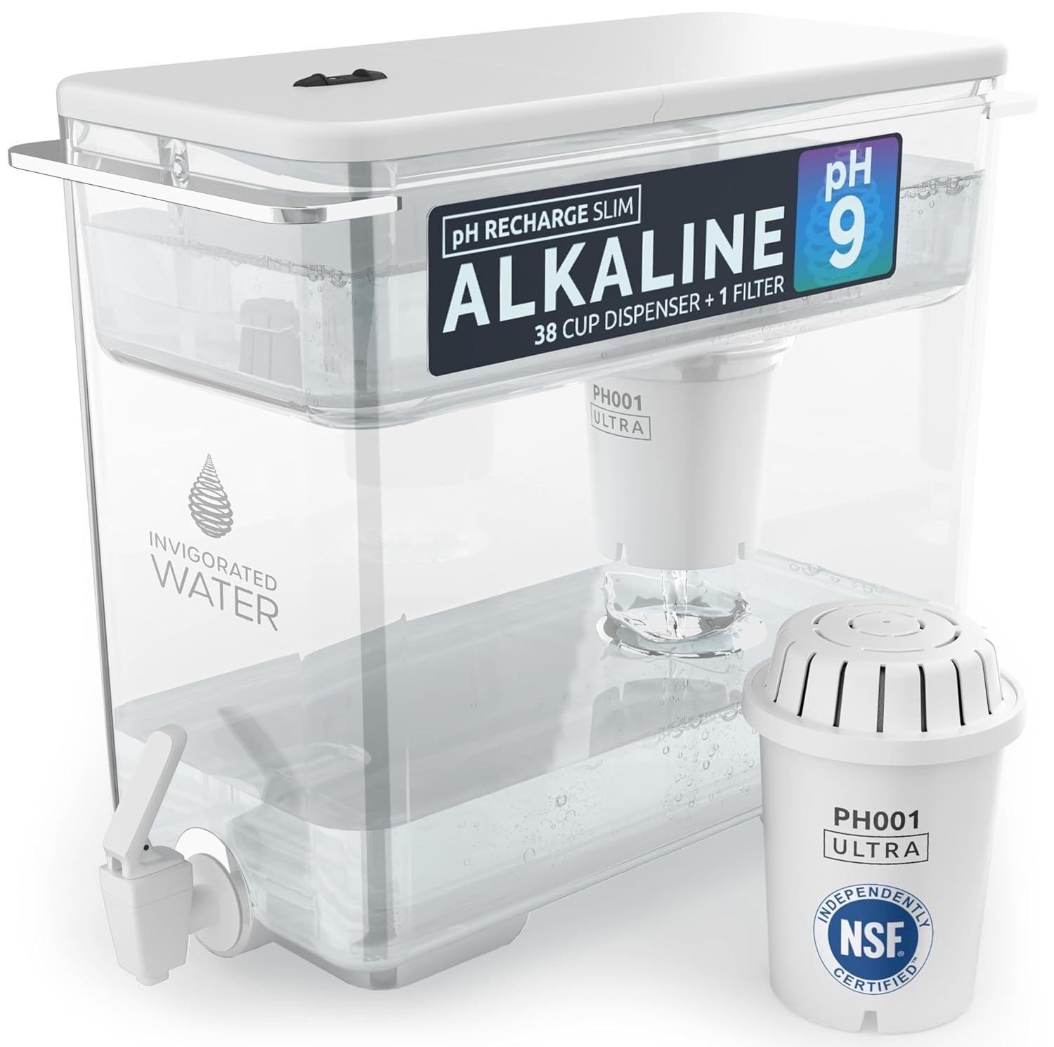 Invigorated Water – Alkaline Countertop Water Filter Dispenser, Large Capacity, Mineralized Alkaline Water, BPA-Free, 96 Gallons/Filter (White, 1 NSF Filters Included)